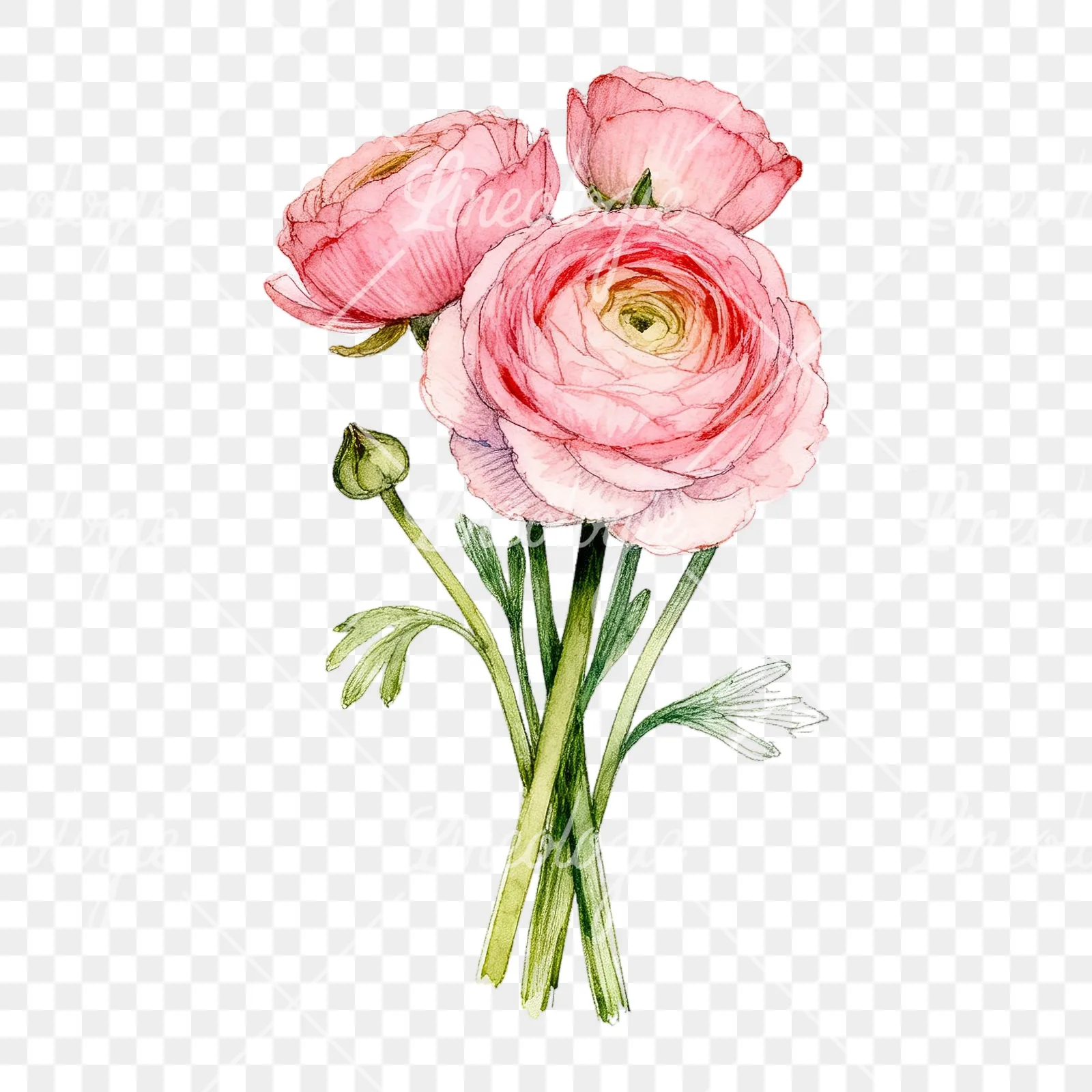 Watercolor pink ranunculus bouquet with open flowers clipart 8 of 9 on a transparent background (PNG)