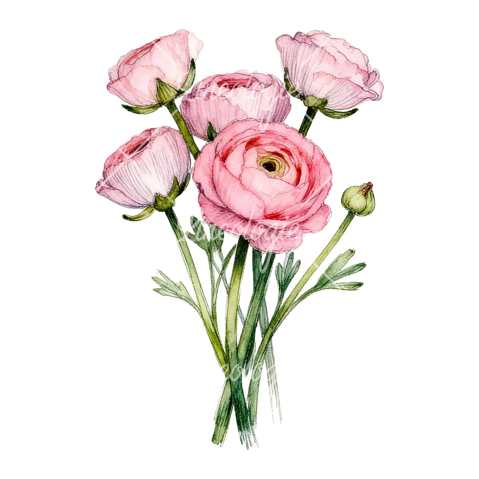 Watercolor pink ranunculus bouquet with open flowers clipart 9 of 9 on a white background (JPG)
