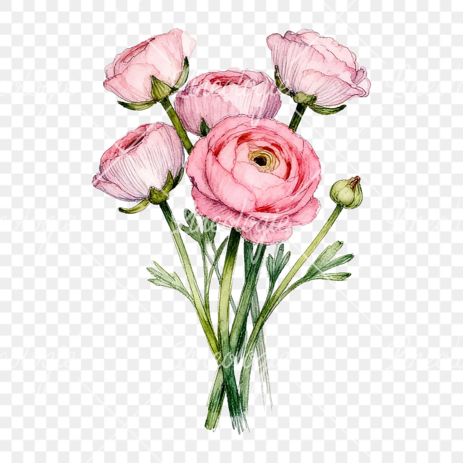 Watercolor pink ranunculus bouquet with open flowers clipart 9 of 9 on a transparent background (PNG)