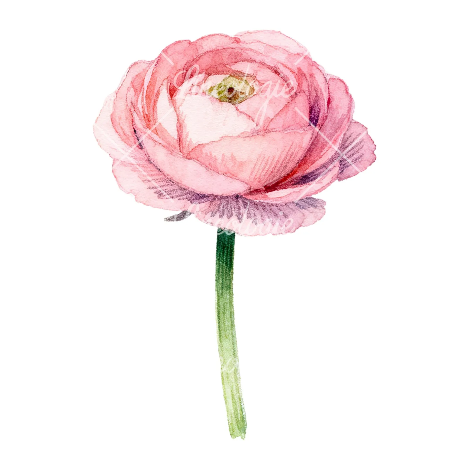 Watercolor pink ranunculus flower clipart 6 of 9 on a white background (JPG)