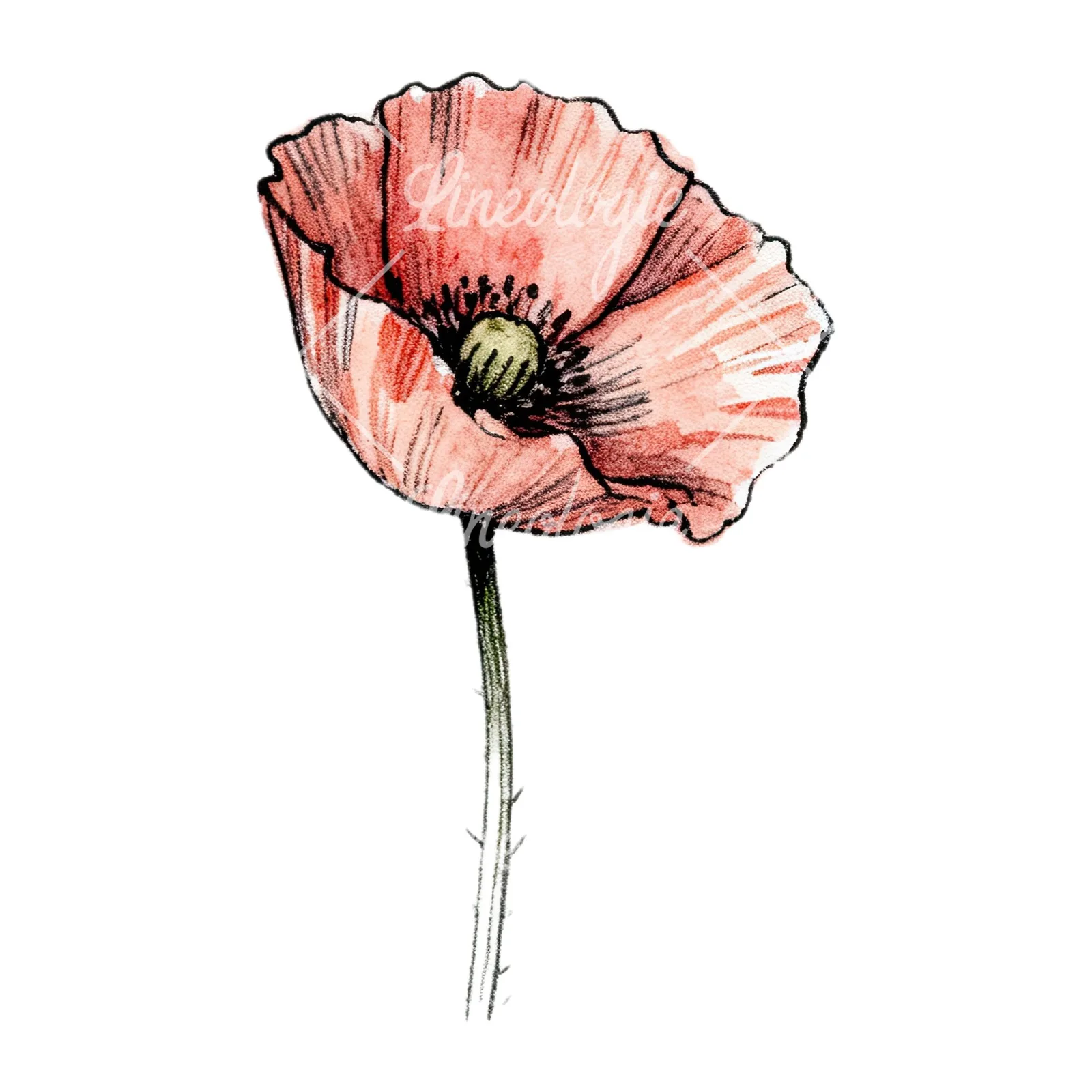 Watercolor pink and red poppy clipart 9 of 9 on a white background (JPG)