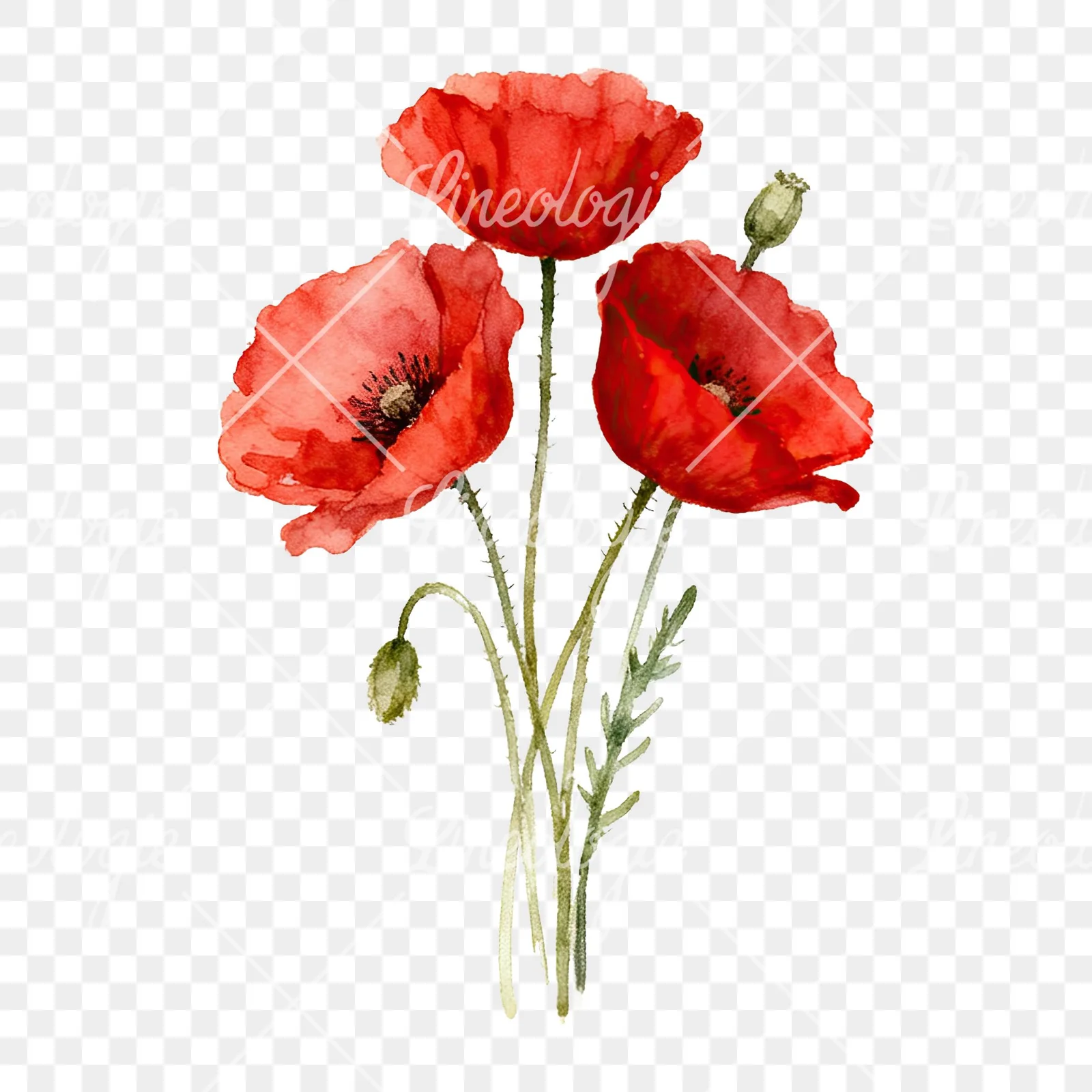 Watercolor poppy bouquet with singular blooms clipart 5 of 9 on a transparent background (PNG)