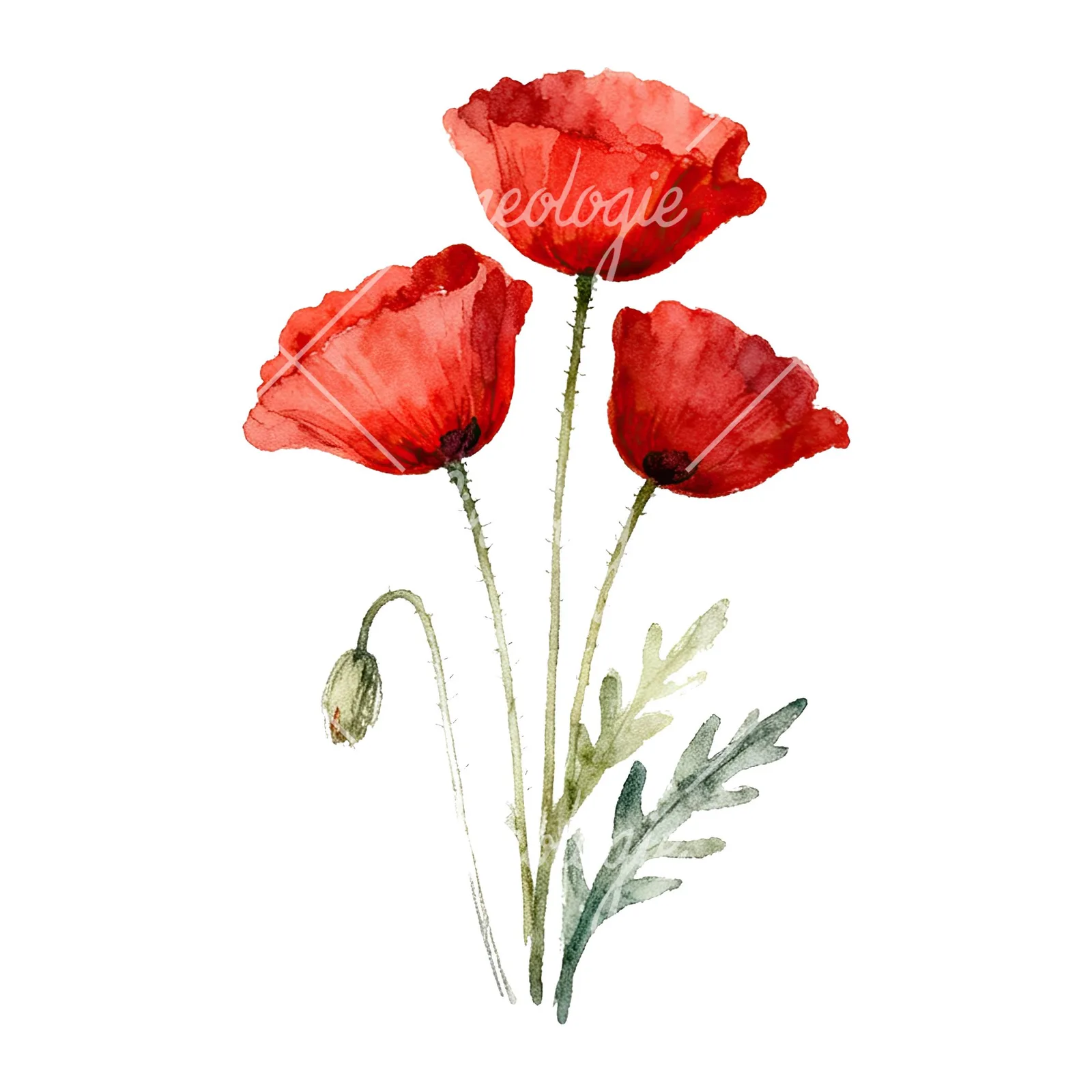 Watercolor poppy bouquet with singular blooms clipart 6 of 9 on a white background (JPG)