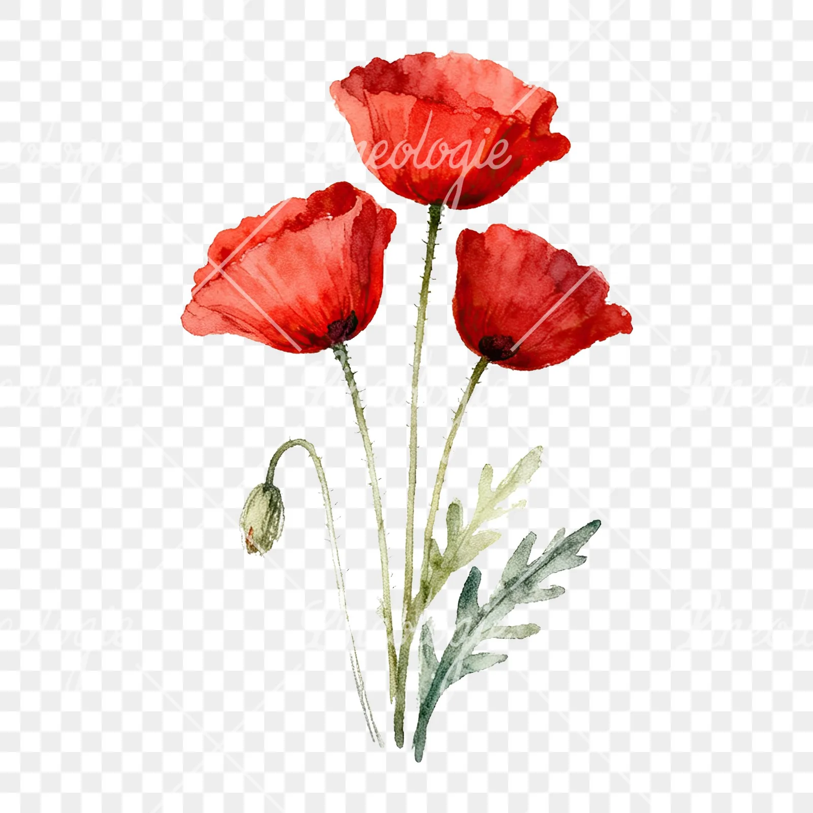 Watercolor poppy bouquet with singular blooms clipart 6 of 9 on a transparent background (PNG)