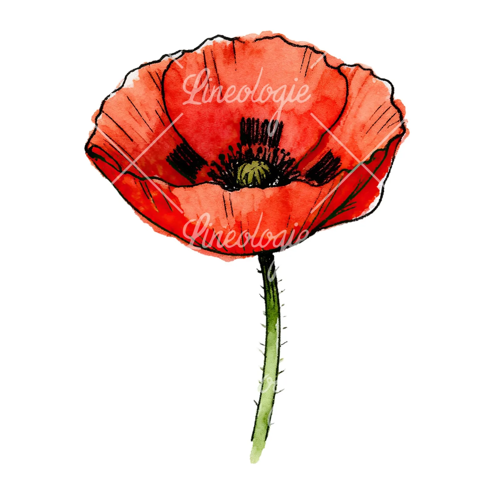 Watercolor coral and red poppy clipart 2 of 9 on a white background (JPG)
