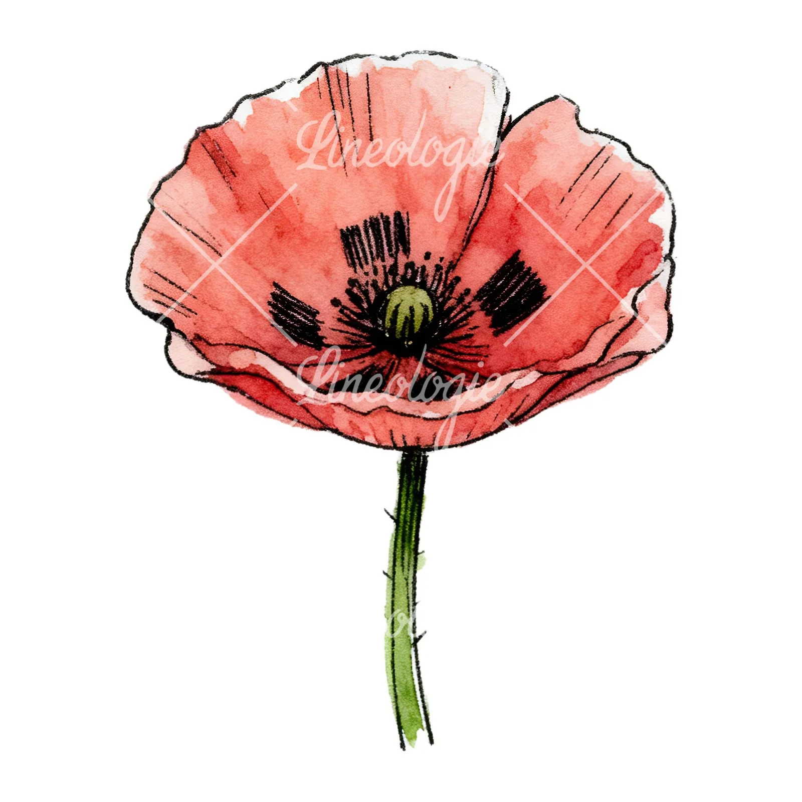 Watercolor coral and red poppy clipart 5 of 9 on a white background (JPG)