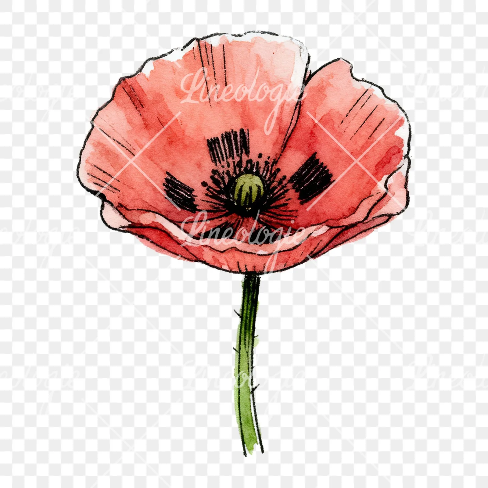 Watercolor coral and red poppy clipart 5 of 9 on a transparent background (PNG)