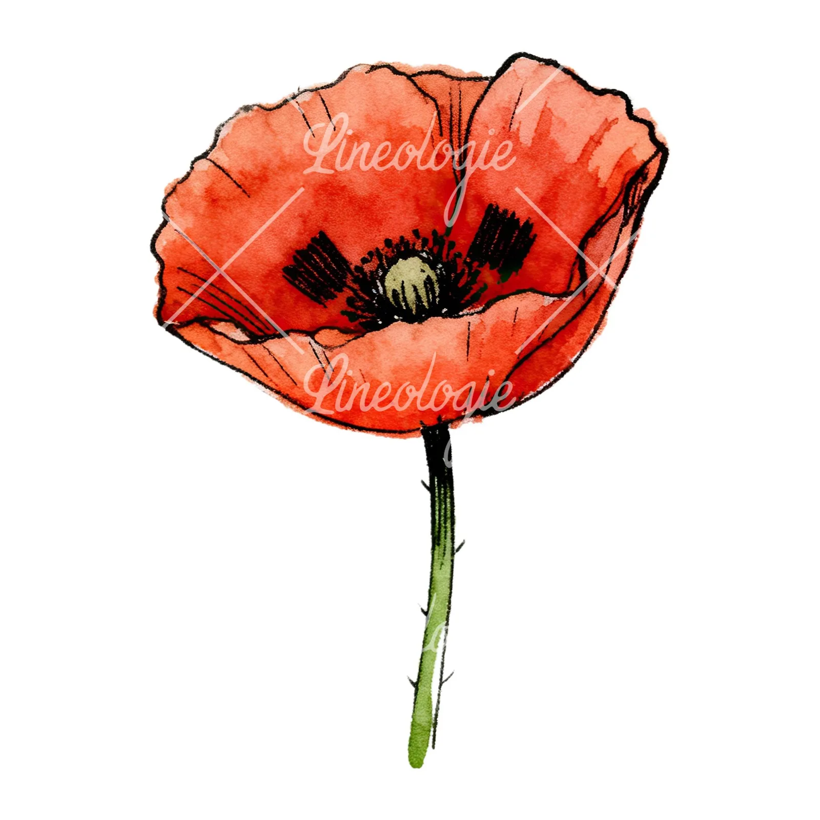 Watercolor coral and red poppy clipart 6 of 9 on a white background (JPG)