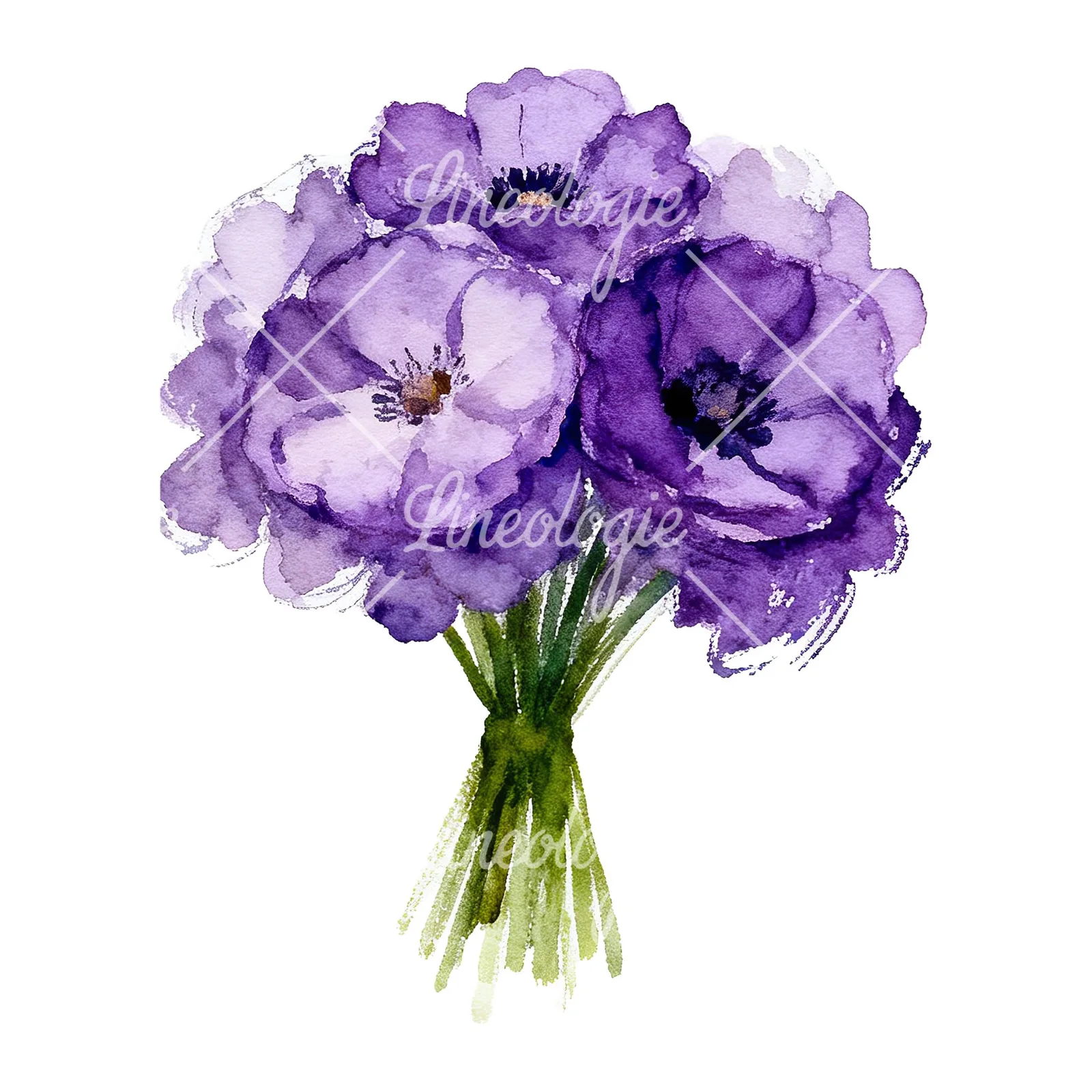 Watercolor purple and fuchsia wedding bouquet clipart 1 of 9 on a white background (JPG)