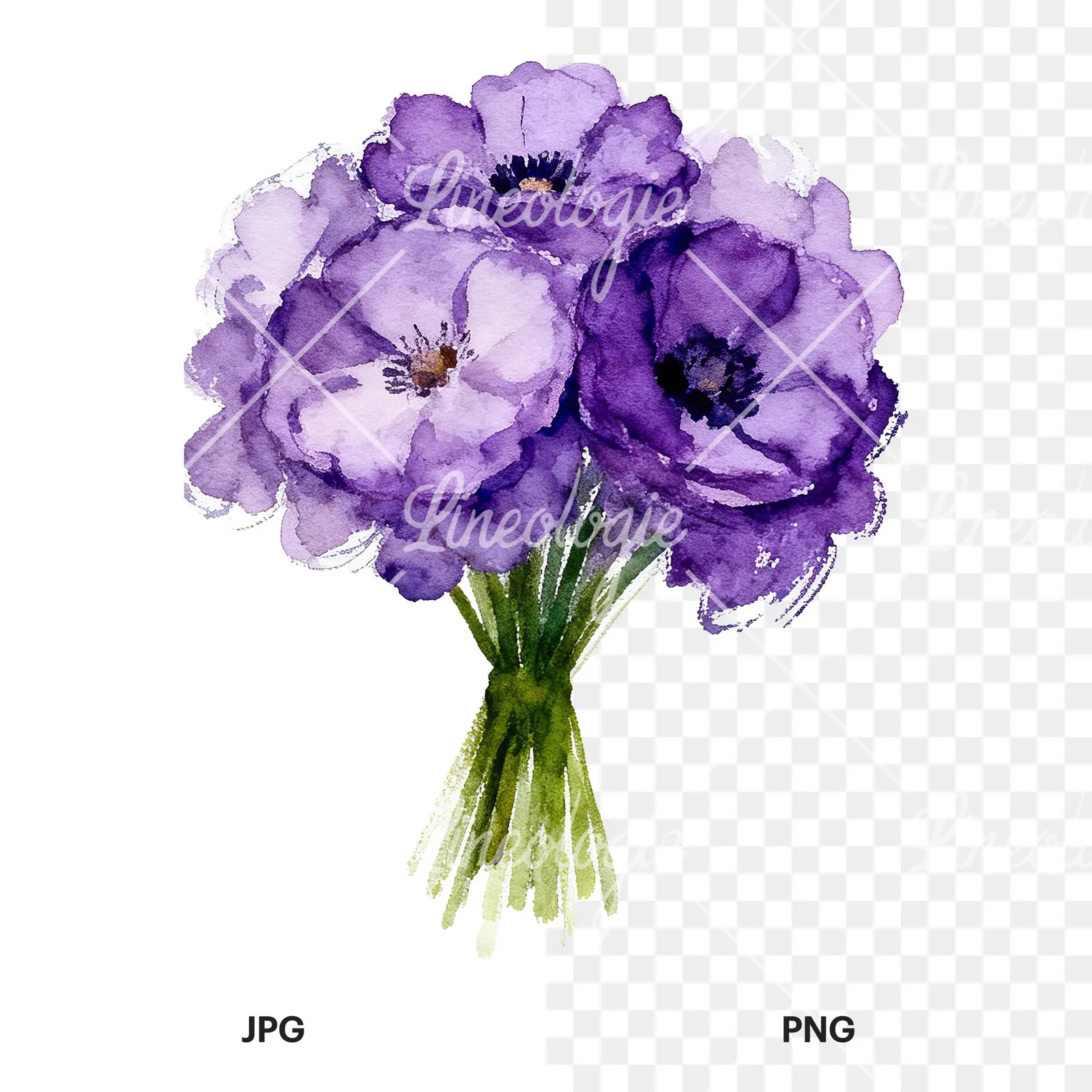 Watercolor purple and fuchsia wedding bouquet clipart 1 of 9, as a JPG on white and a transparent PNG