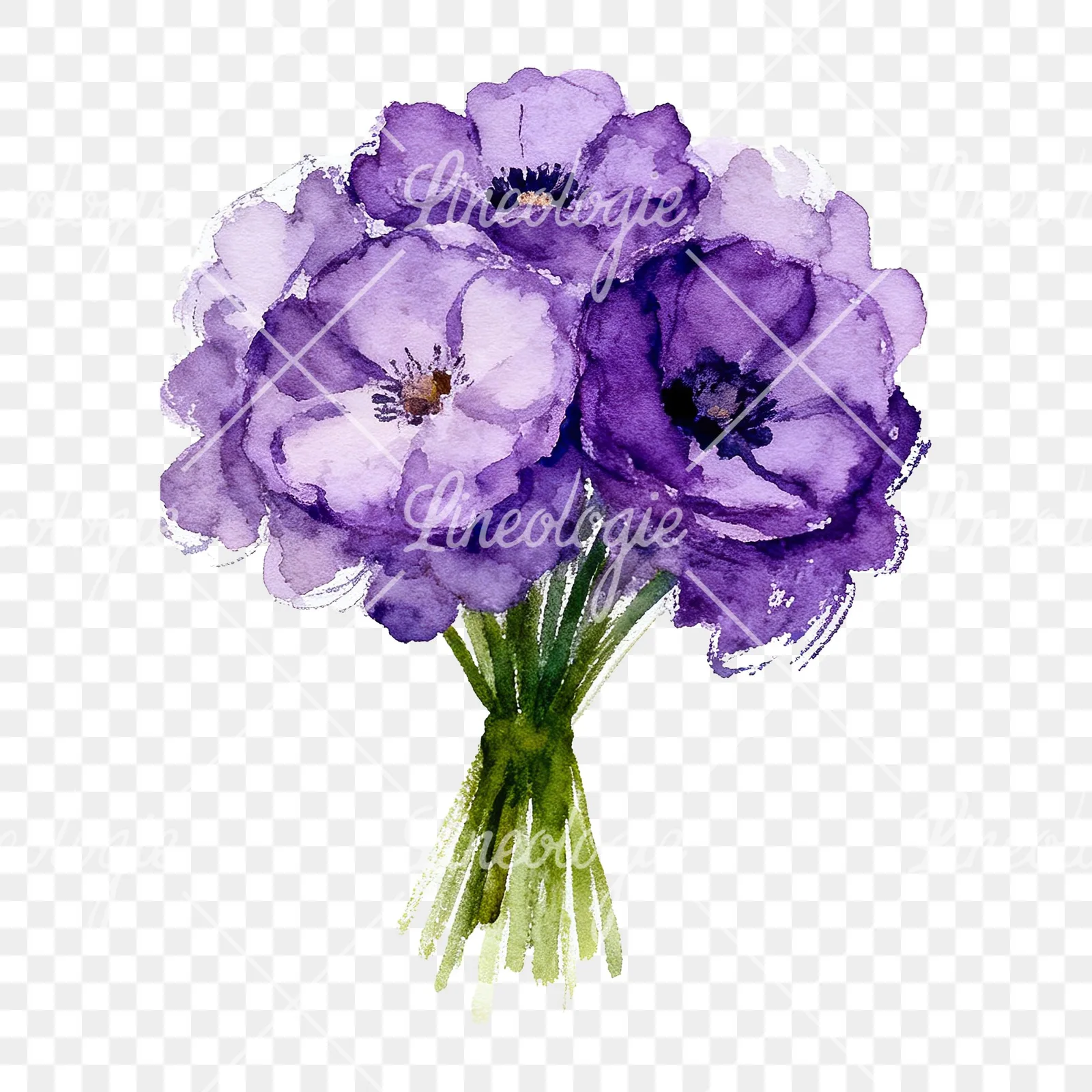 Watercolor purple and fuchsia wedding bouquet clipart 1 of 9 on a transparent background (PNG)