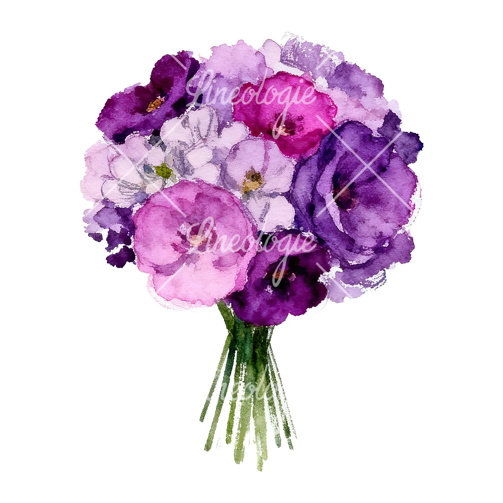 Watercolor purple and fuchsia wedding bouquet clipart 2 of 9 on a white background (JPG)
