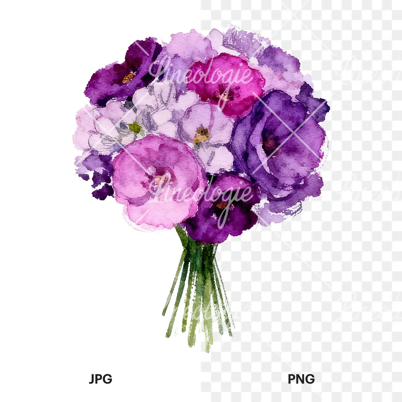 Watercolor purple and fuchsia wedding bouquet clipart 2 of 9, as a JPG on white and a transparent PNG
