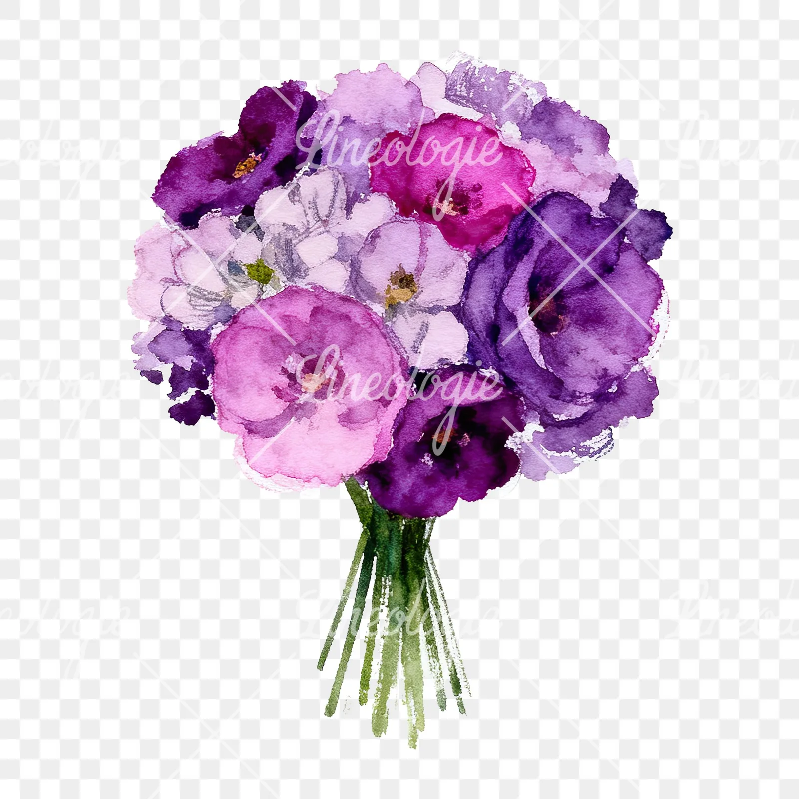 Watercolor purple and fuchsia wedding bouquet clipart 2 of 9 on a transparent background (PNG)