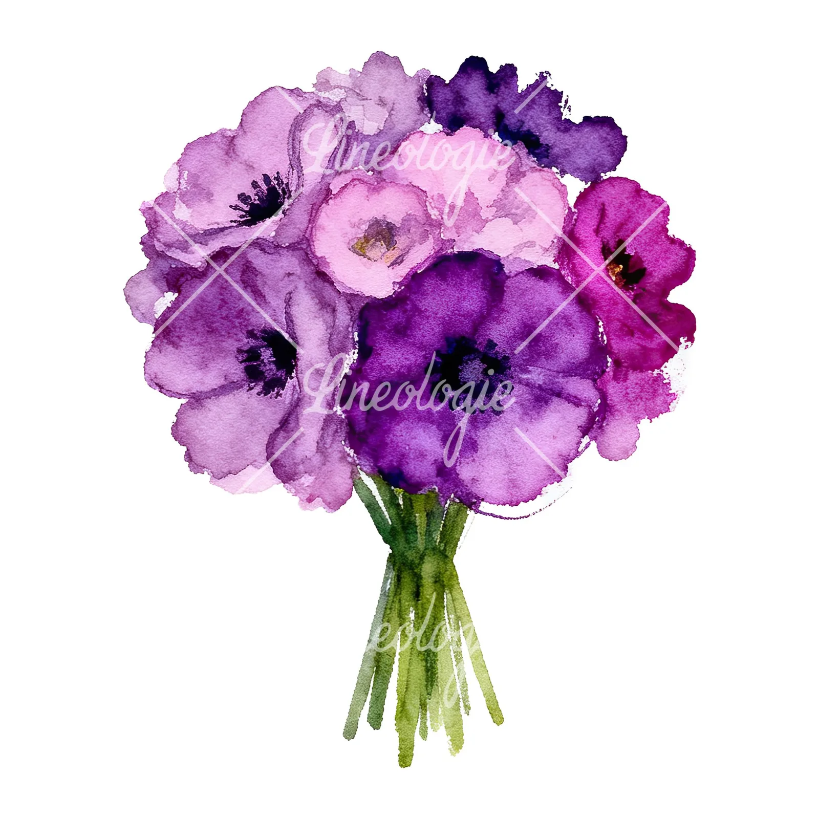 Watercolor purple and fuchsia wedding bouquet clipart 3 of 9 on a white background (JPG)