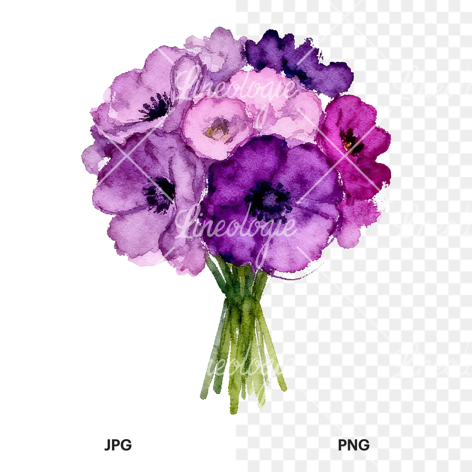 Watercolor purple and fuchsia wedding bouquet clipart 3 of 9, as a JPG on white and a transparent PNG