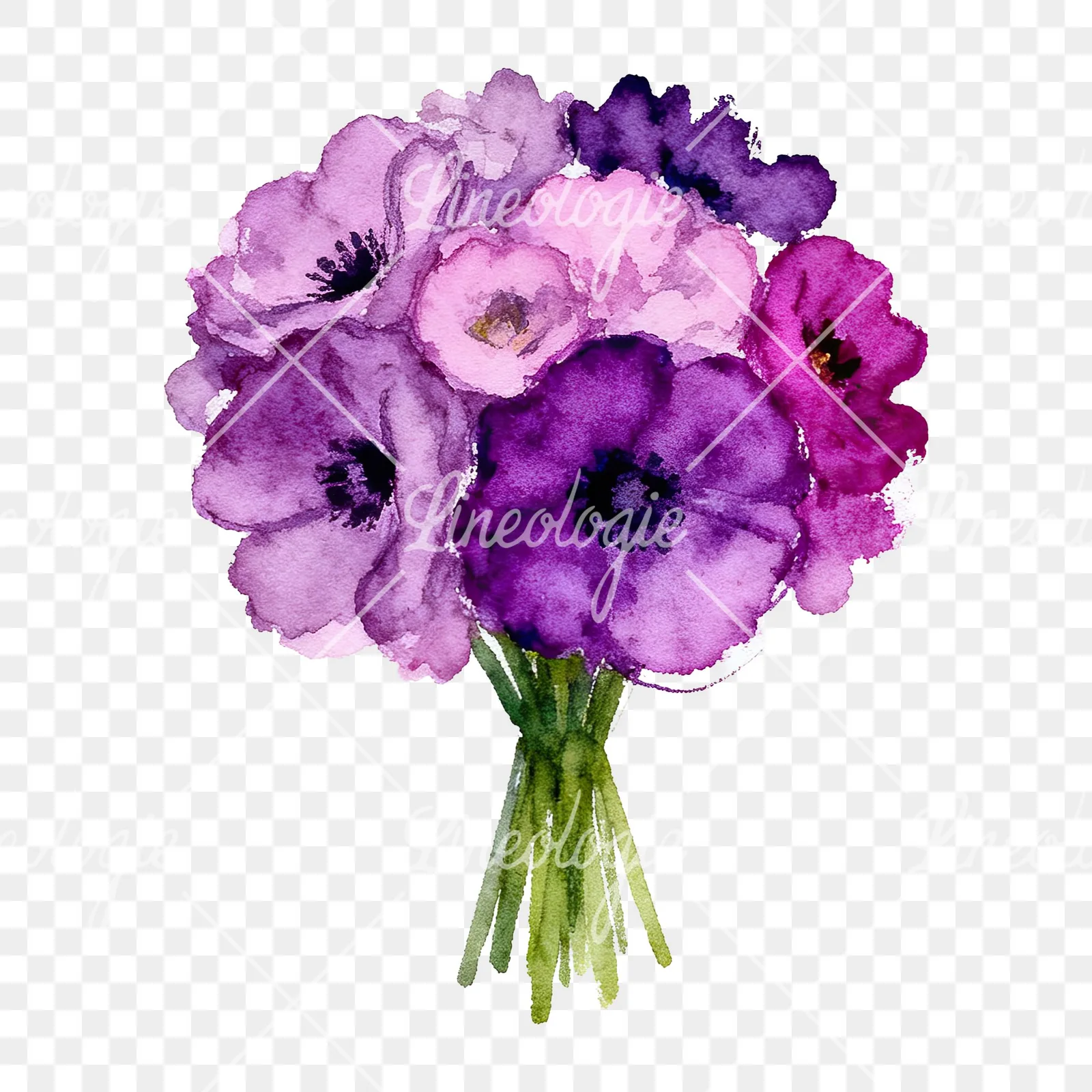 Watercolor purple and fuchsia wedding bouquet clipart 3 of 9 on a transparent background (PNG)