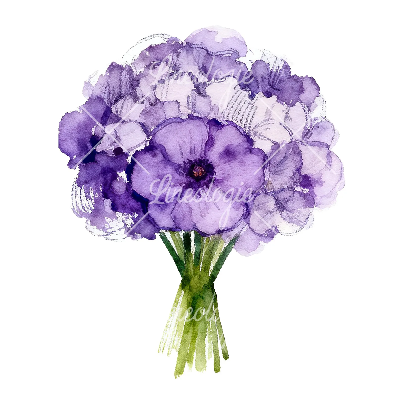 Watercolor purple and fuchsia wedding bouquet clipart 4 of 9 on a white background (JPG)