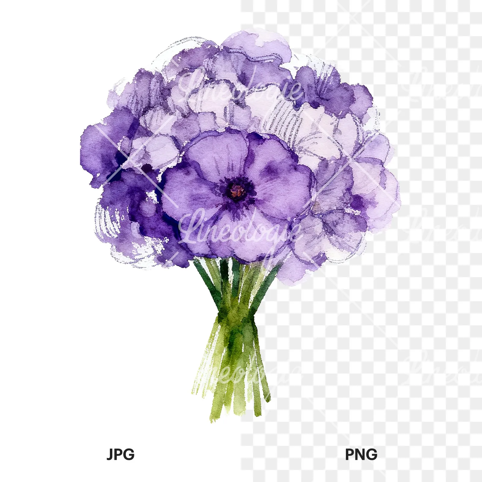 Watercolor purple and fuchsia wedding bouquet clipart 4 of 9, as a JPG on white and a transparent PNG