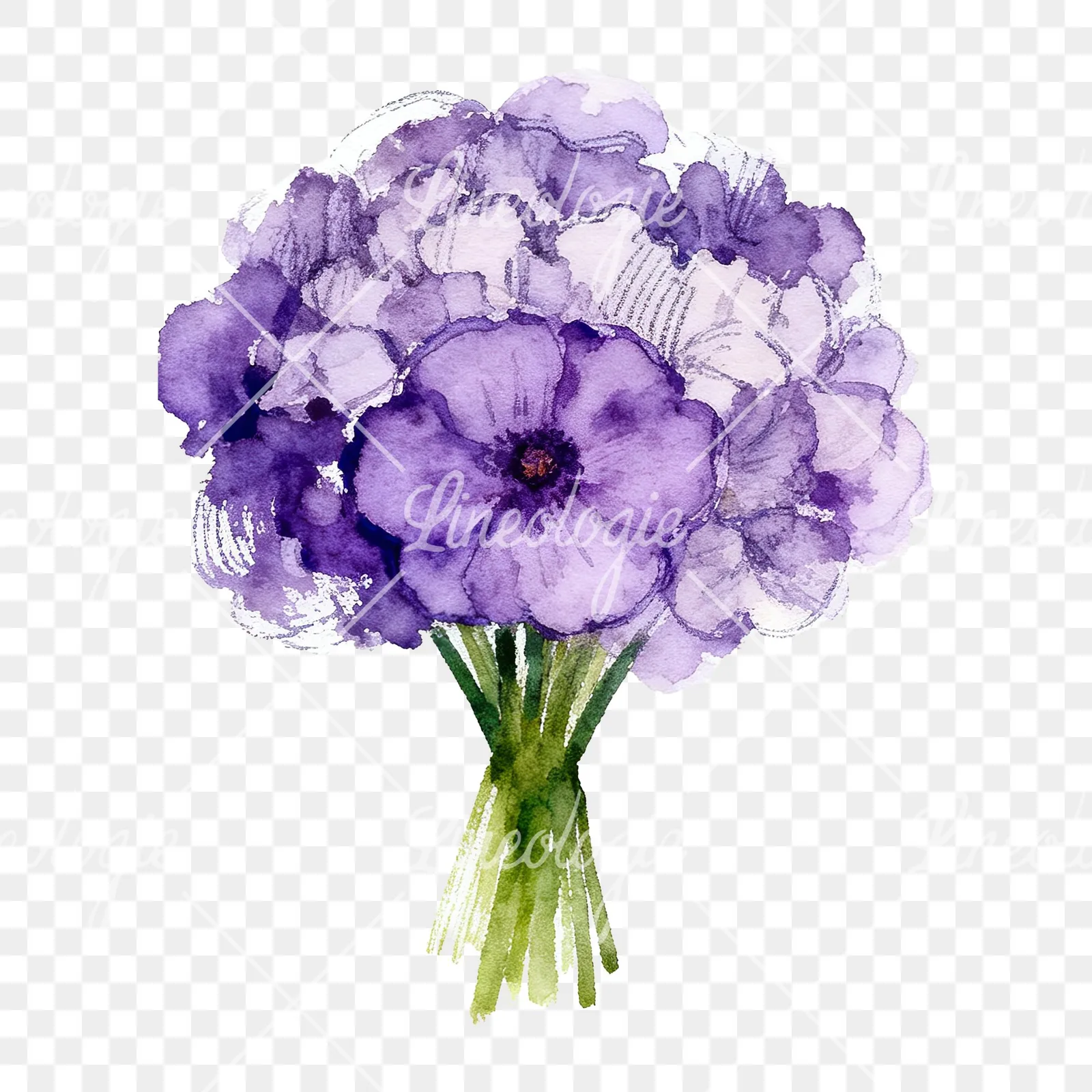 Watercolor purple and fuchsia wedding bouquet clipart 4 of 9 on a transparent background (PNG)