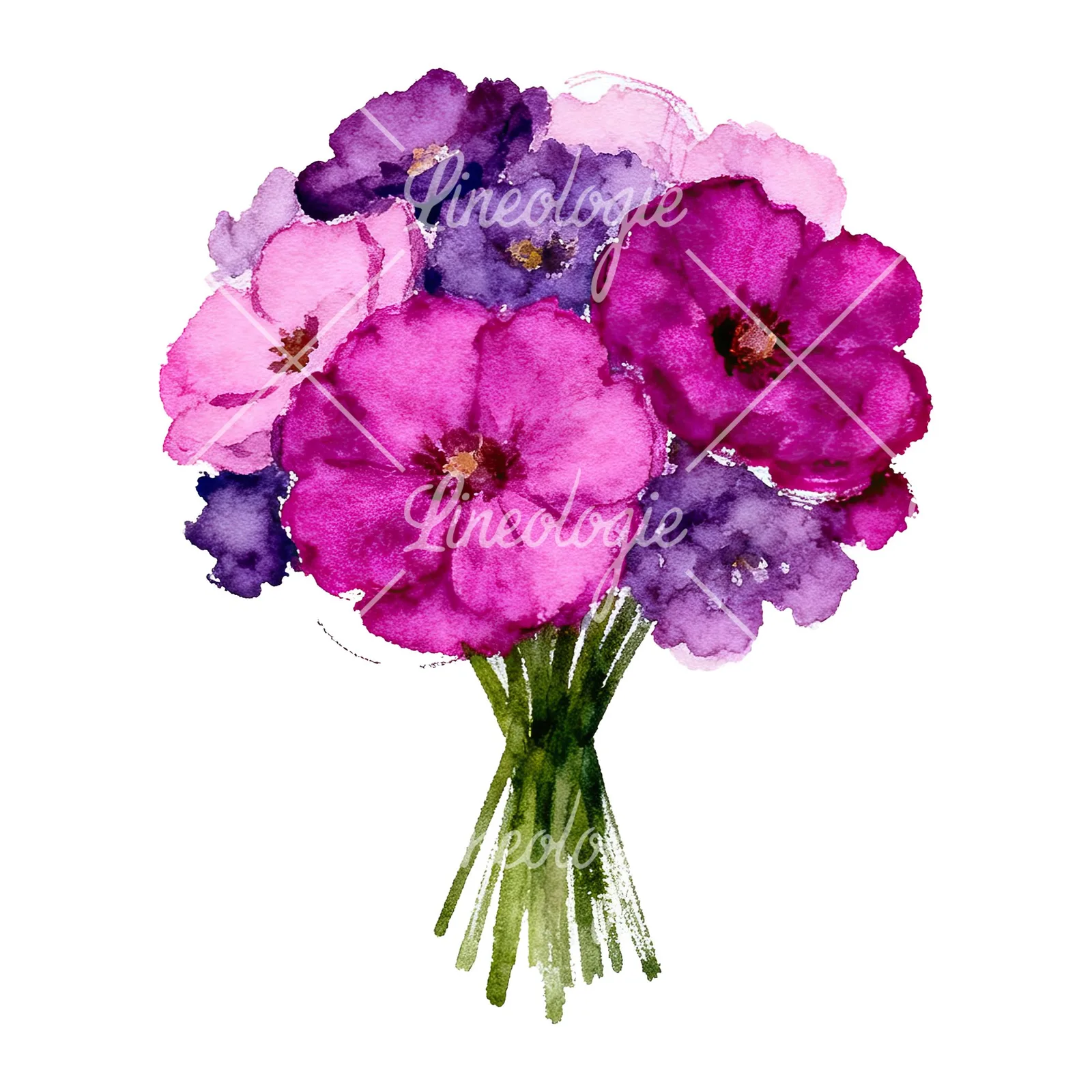 Watercolor purple and fuchsia wedding bouquet clipart 5 of 9 on a white background (JPG)