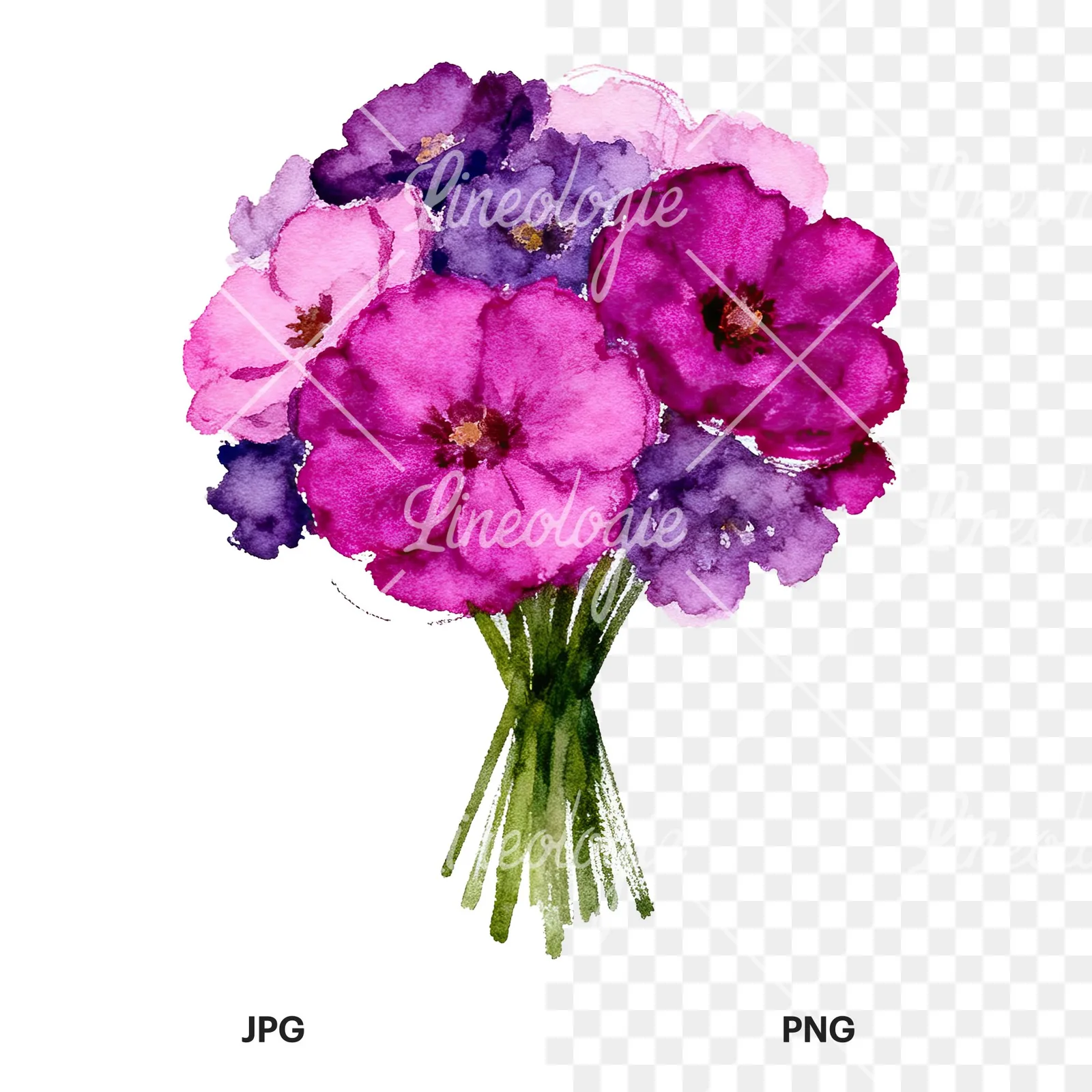 Watercolor purple and fuchsia wedding bouquet clipart 5 of 9, as a JPG on white and a transparent PNG