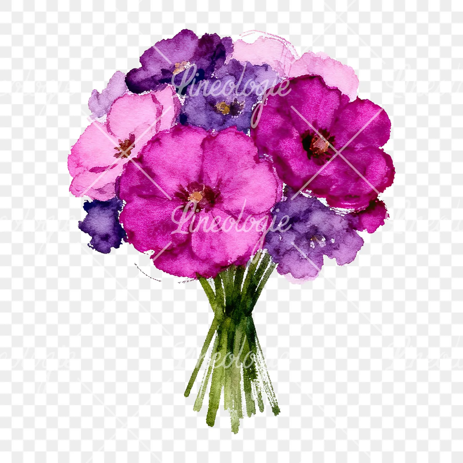 Watercolor purple and fuchsia wedding bouquet clipart 5 of 9 on a transparent background (PNG)