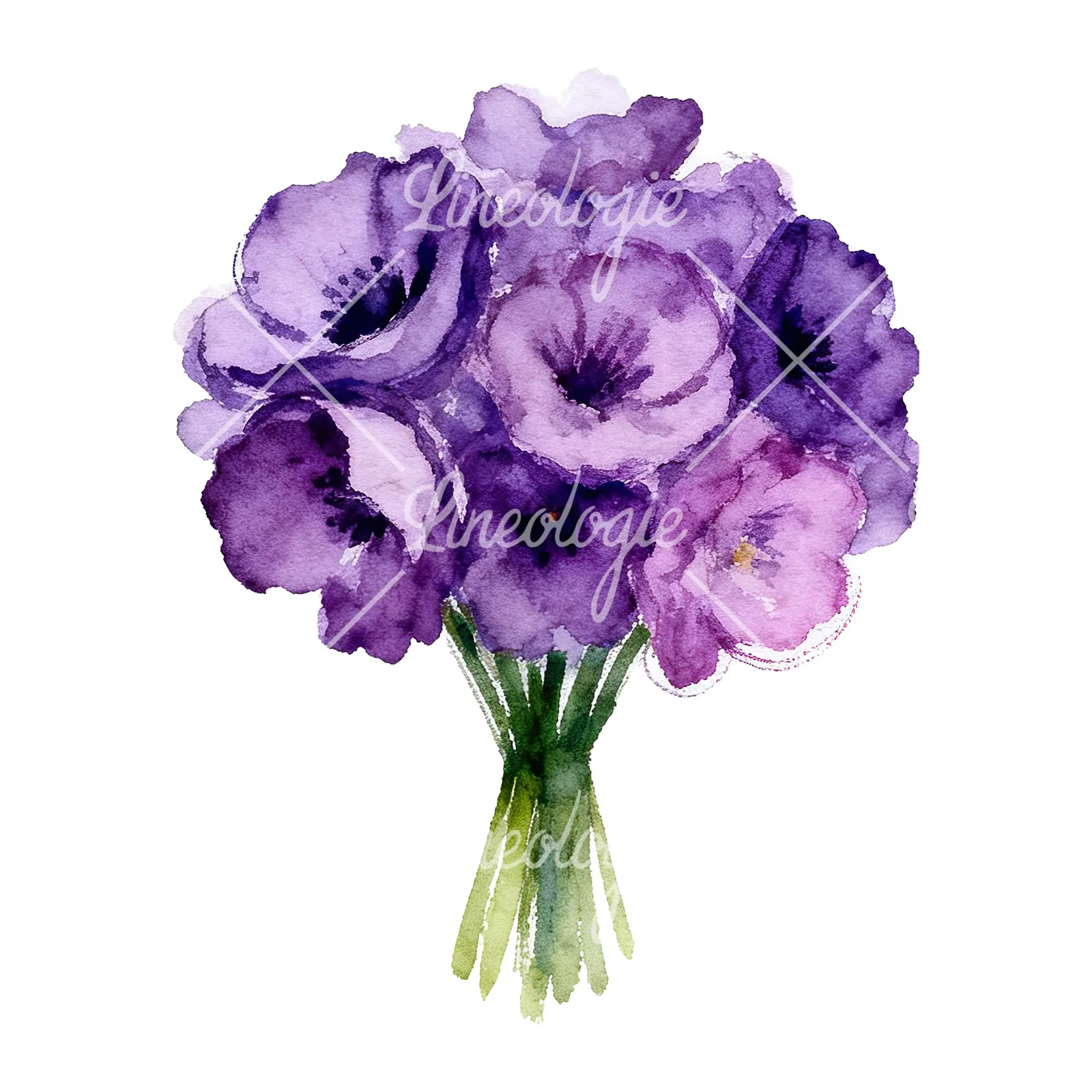 Watercolor purple and fuchsia wedding bouquet clipart 6 of 9 on a white background (JPG)