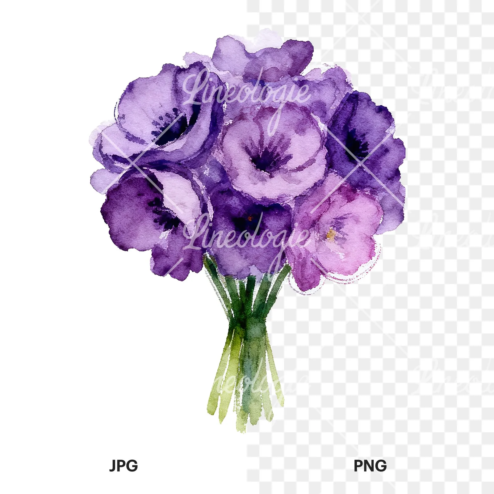 Watercolor purple and fuchsia wedding bouquet clipart 6 of 9, as a JPG on white and a transparent PNG