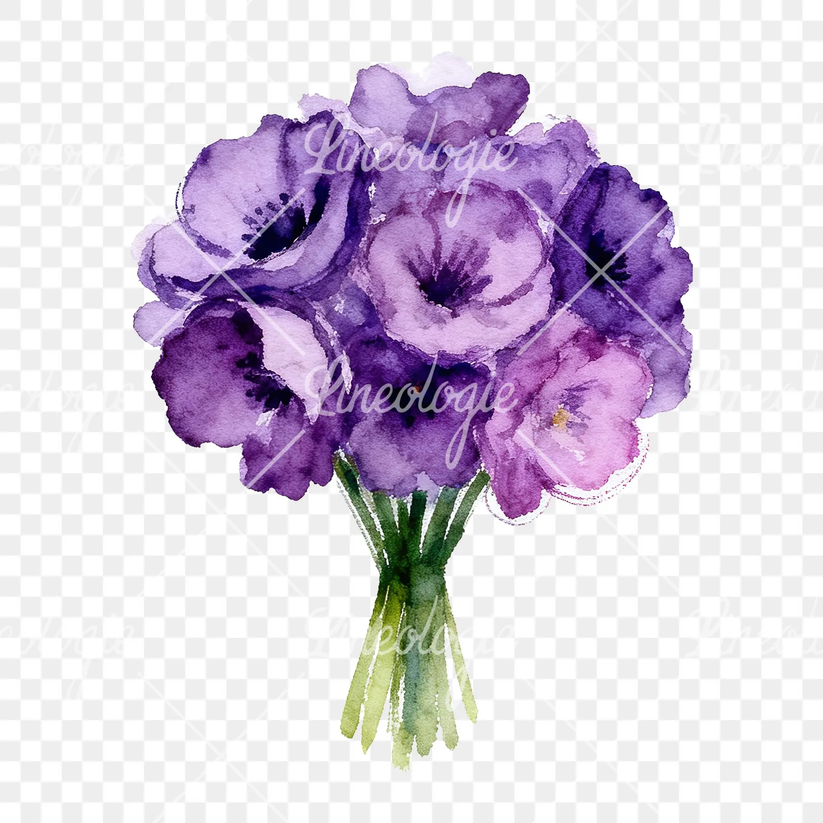 Watercolor purple and fuchsia wedding bouquet clipart 6 of 9 on a transparent background (PNG)