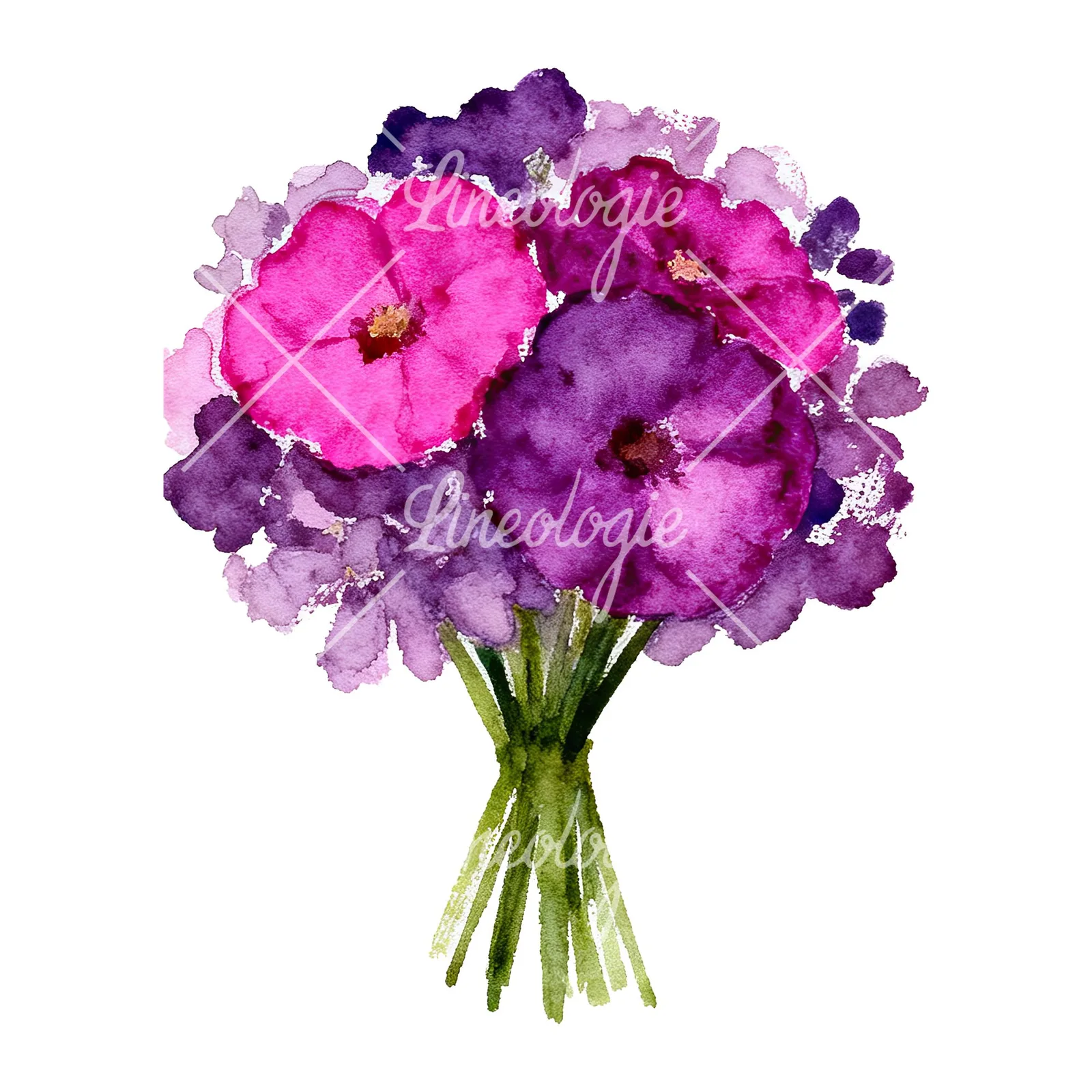 Watercolor purple and fuchsia wedding bouquet clipart 7 of 9 on a white background (JPG)
