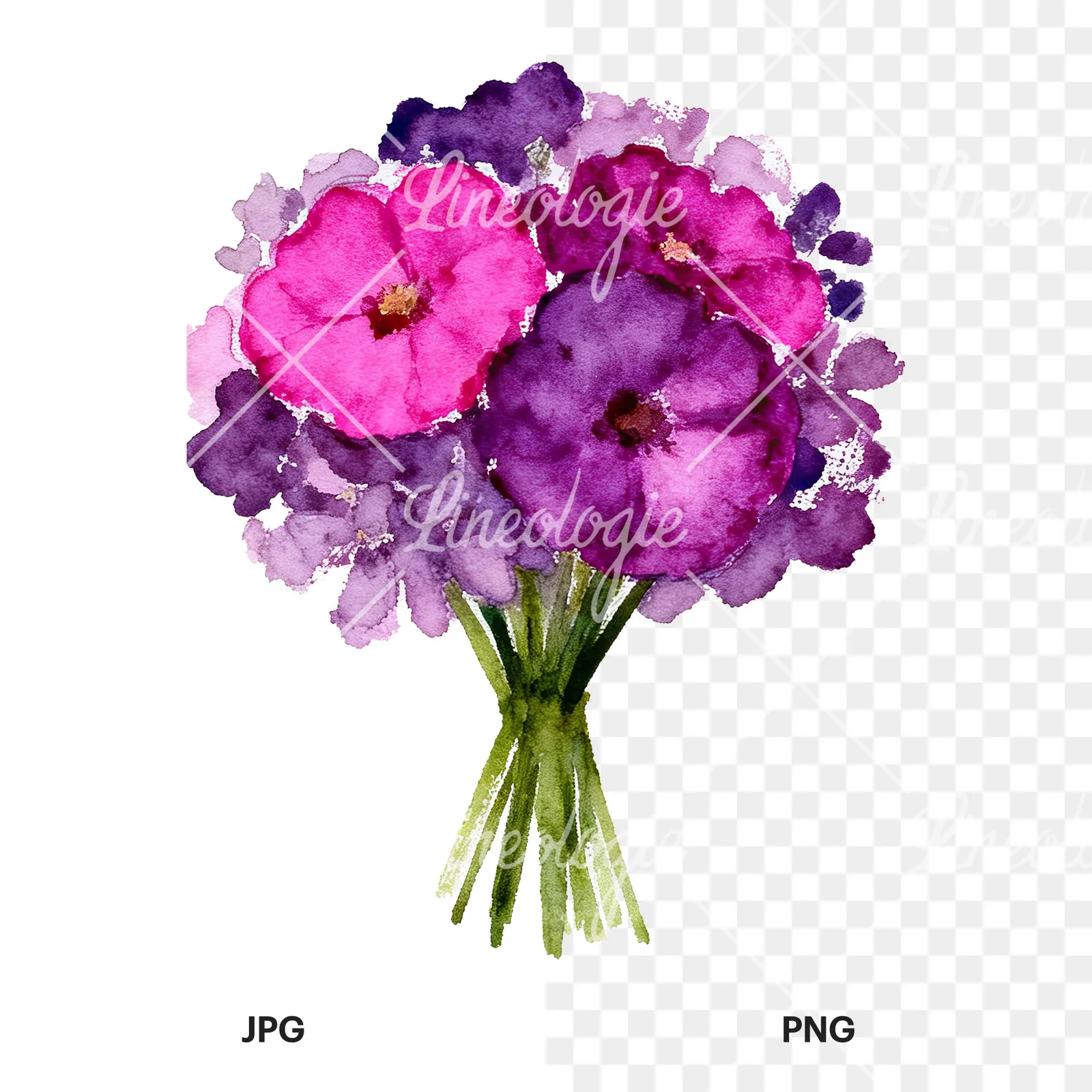 Watercolor purple and fuchsia wedding bouquet clipart 7 of 9, as a JPG on white and a transparent PNG