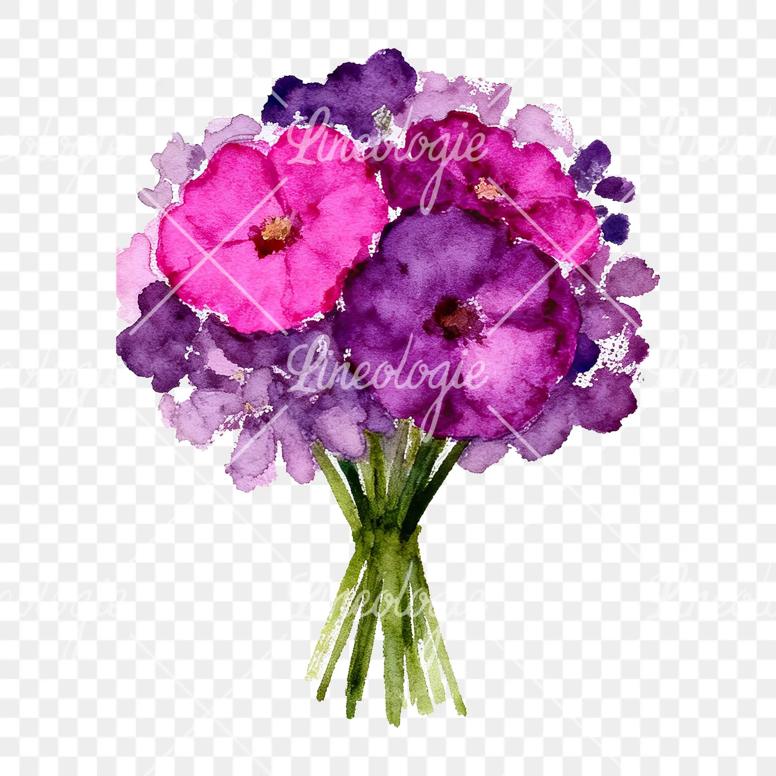 Watercolor purple and fuchsia wedding bouquet clipart 7 of 9 on a transparent background (PNG)