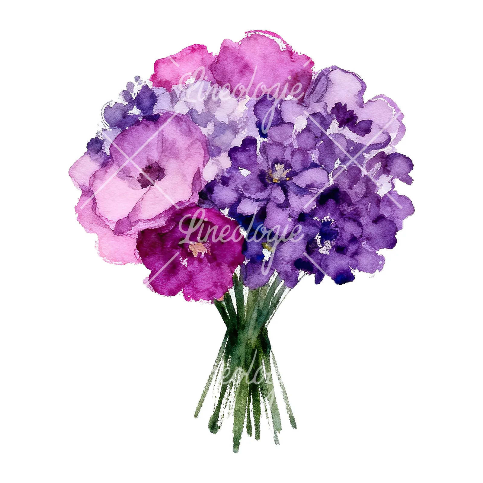 Watercolor purple and fuchsia wedding bouquet clipart 8 of 9 on a white background (JPG)