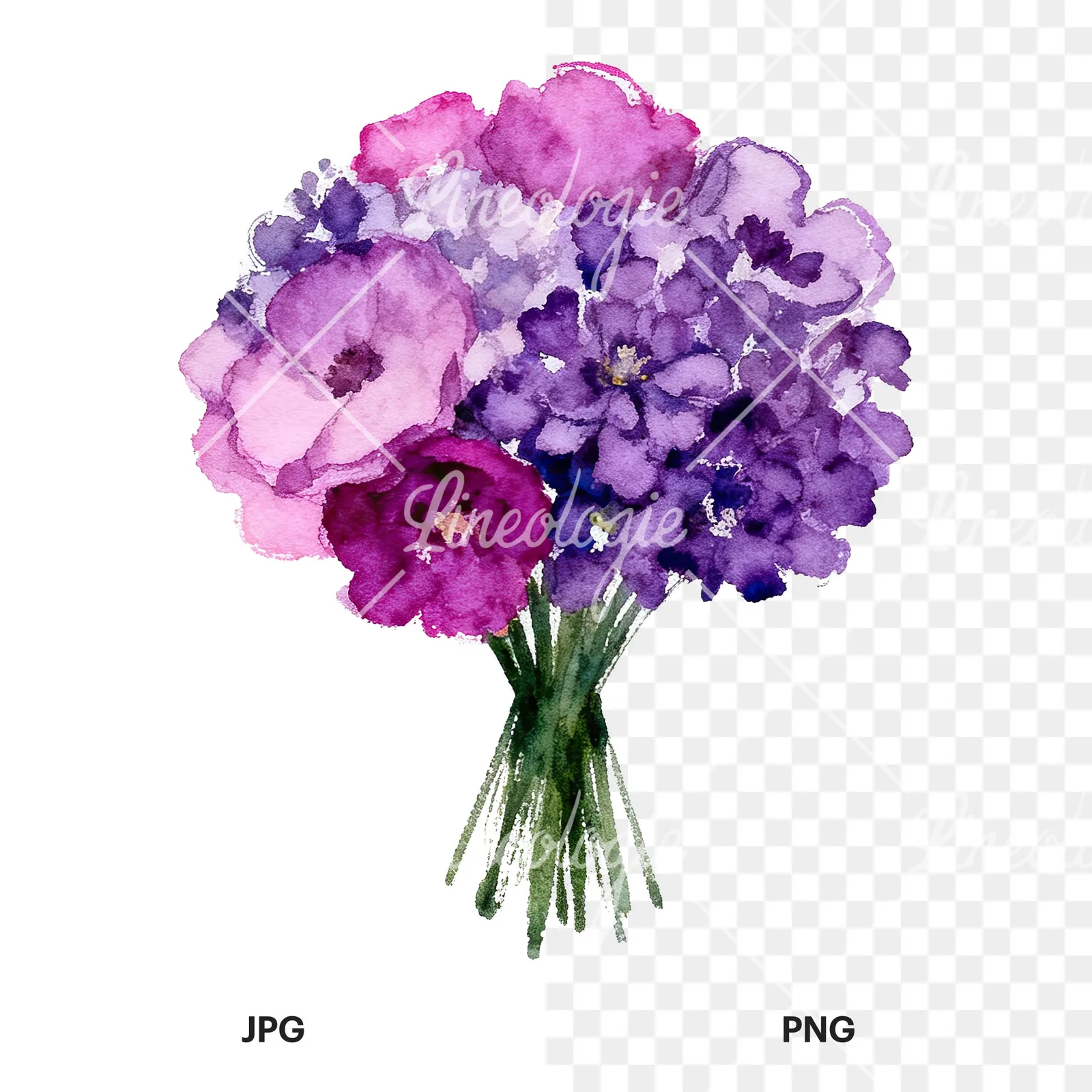 Watercolor purple and fuchsia wedding bouquet clipart 8 of 9, as a JPG on white and a transparent PNG