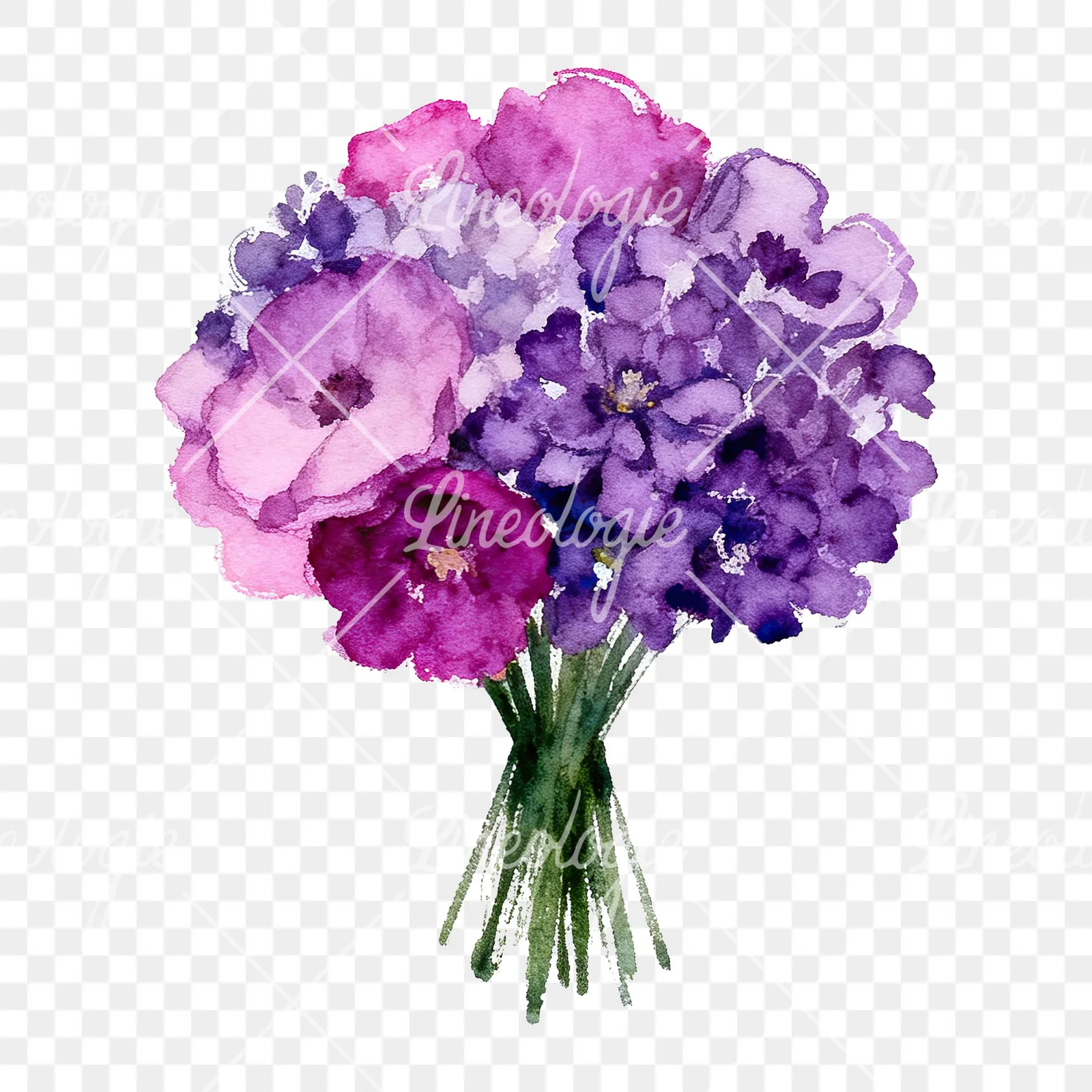 Watercolor purple and fuchsia wedding bouquet clipart 8 of 9 on a transparent background (PNG)
