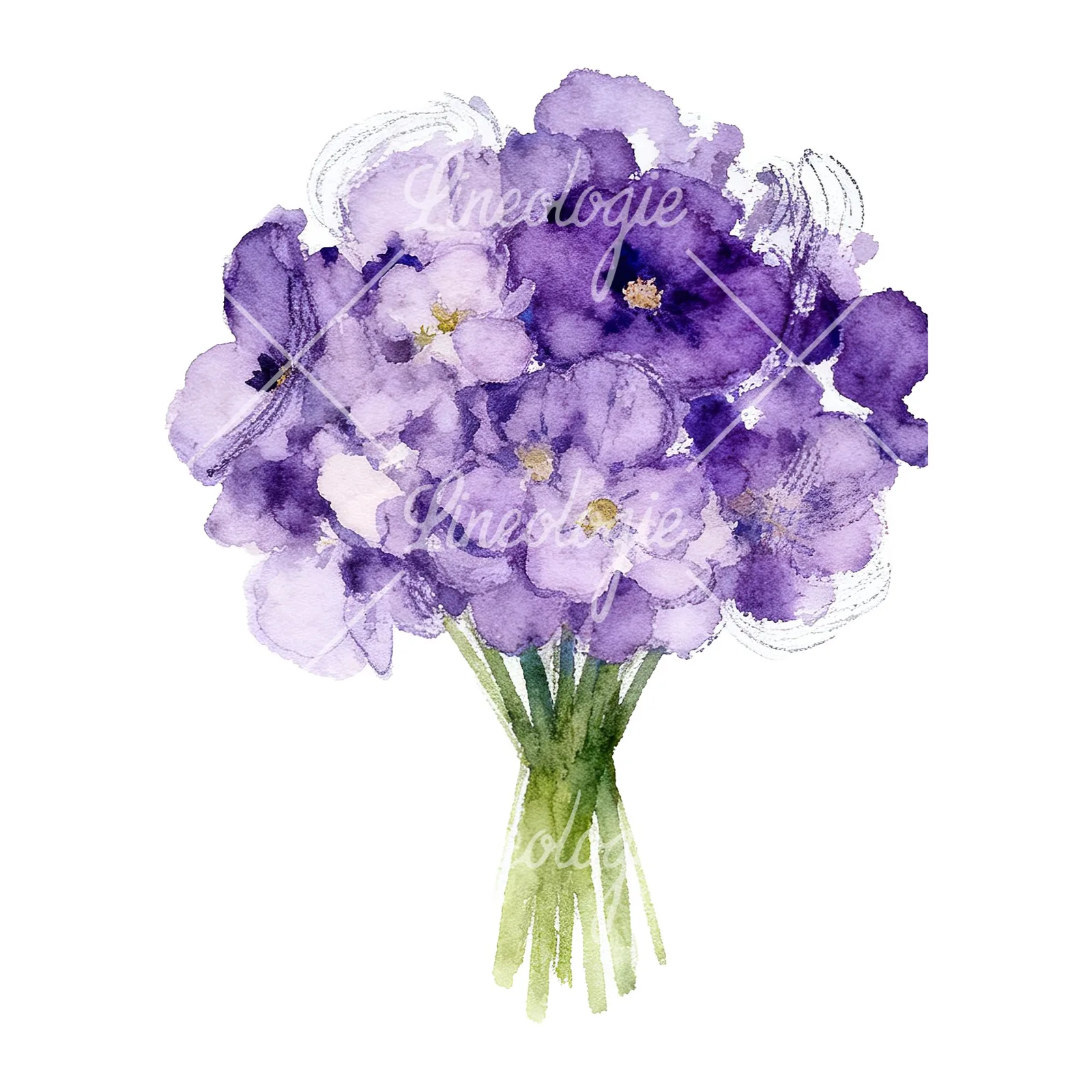 Watercolor purple and fuchsia wedding bouquet clipart 9 of 9 on a white background (JPG)