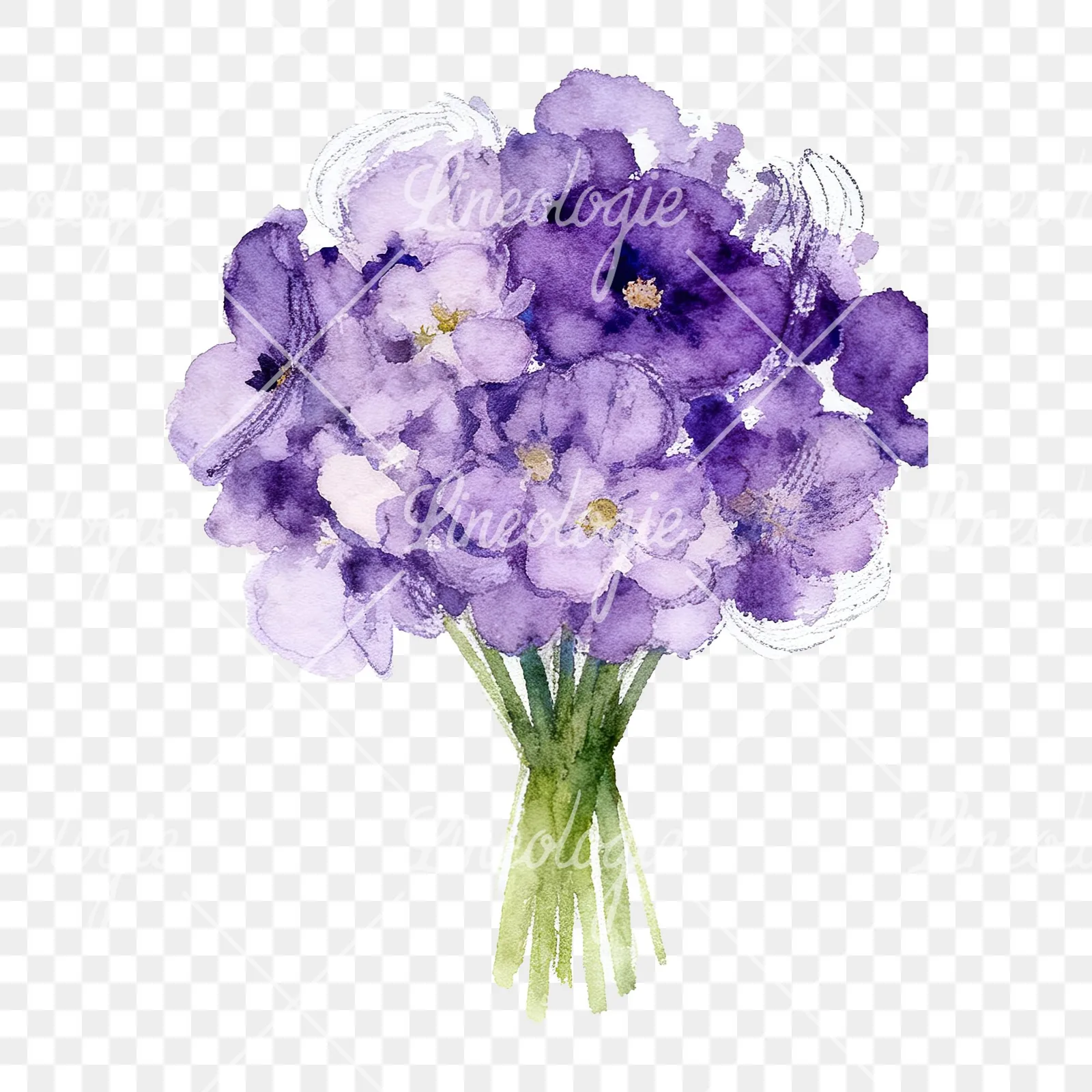 Watercolor purple and fuchsia wedding bouquet clipart 9 of 9 on a transparent background (PNG)
