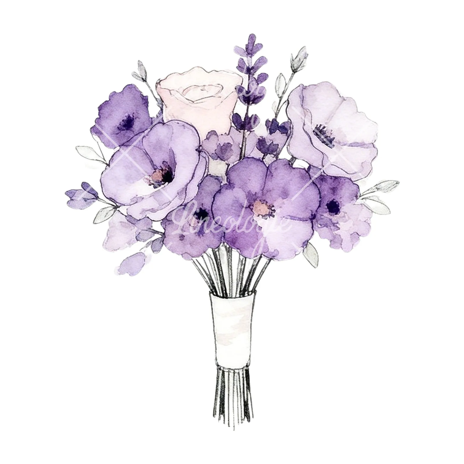 Watercolor purple and pale pink wedding bouquet clipart 1 of 9 on a white background (JPG)