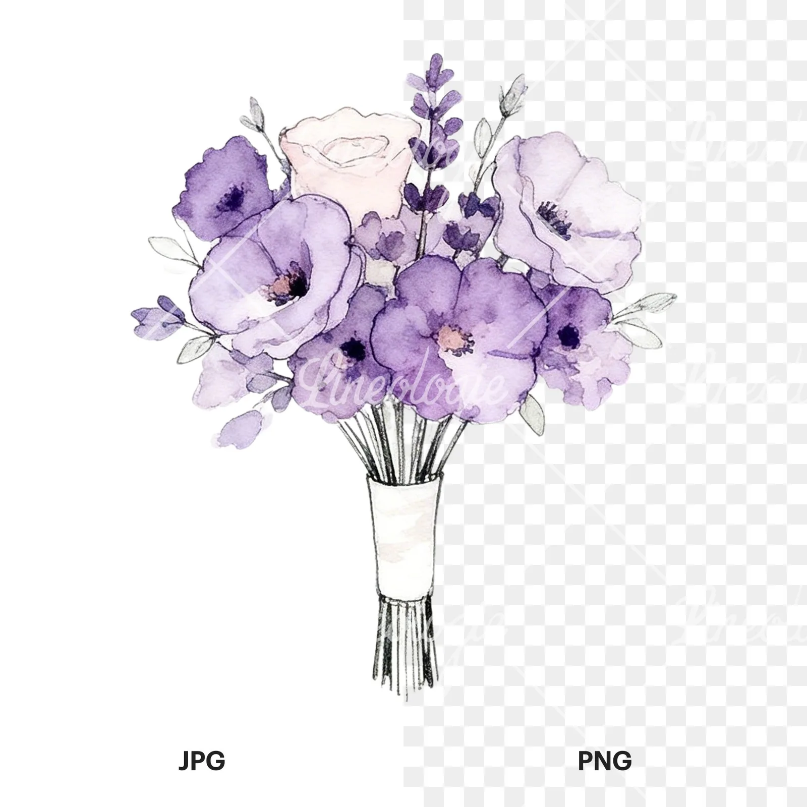 Watercolor purple and pale pink wedding bouquet clipart 1 of 9, as a JPG on white and a transparent PNG