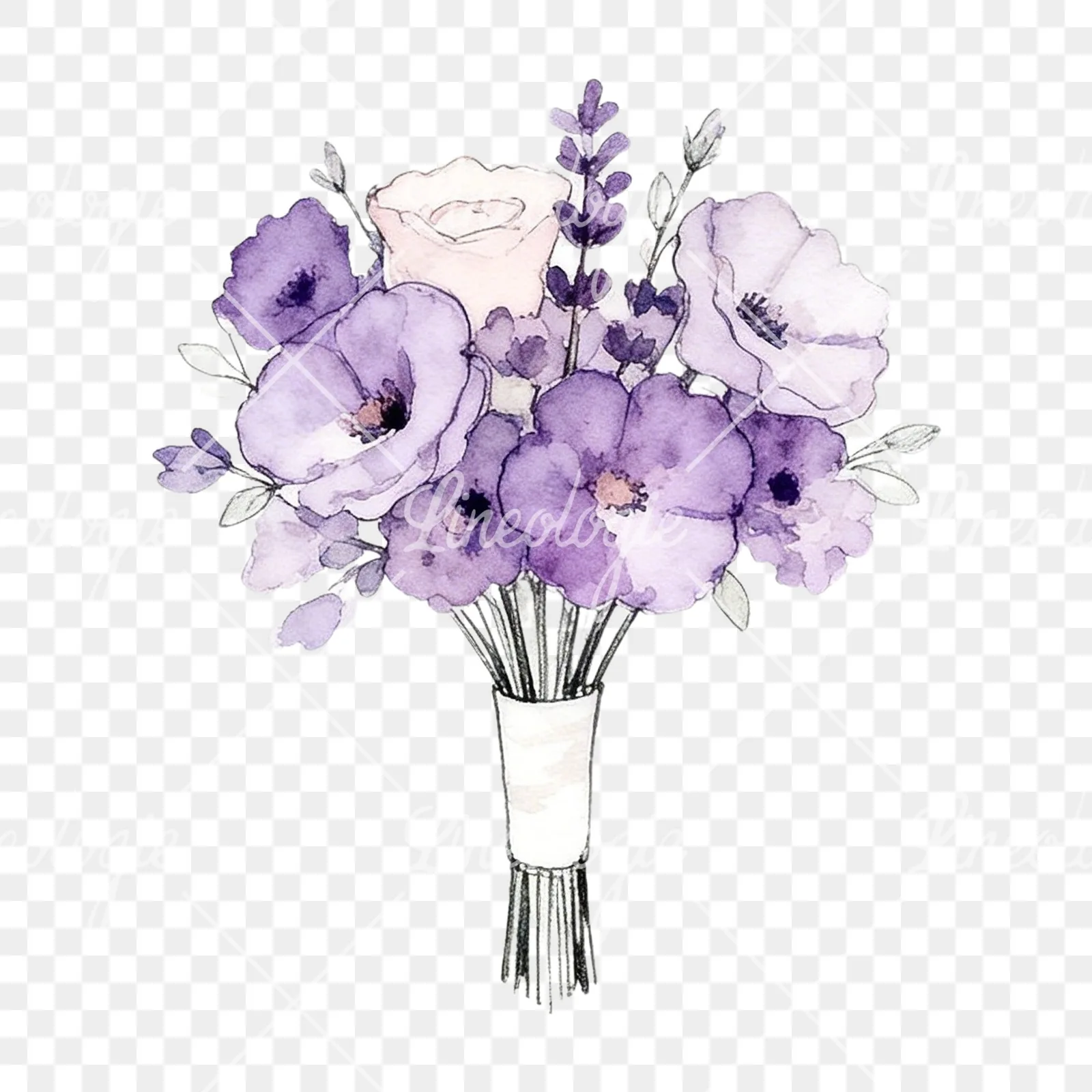 Watercolor purple and pale pink wedding bouquet clipart 1 of 9 on a transparent background (PNG)