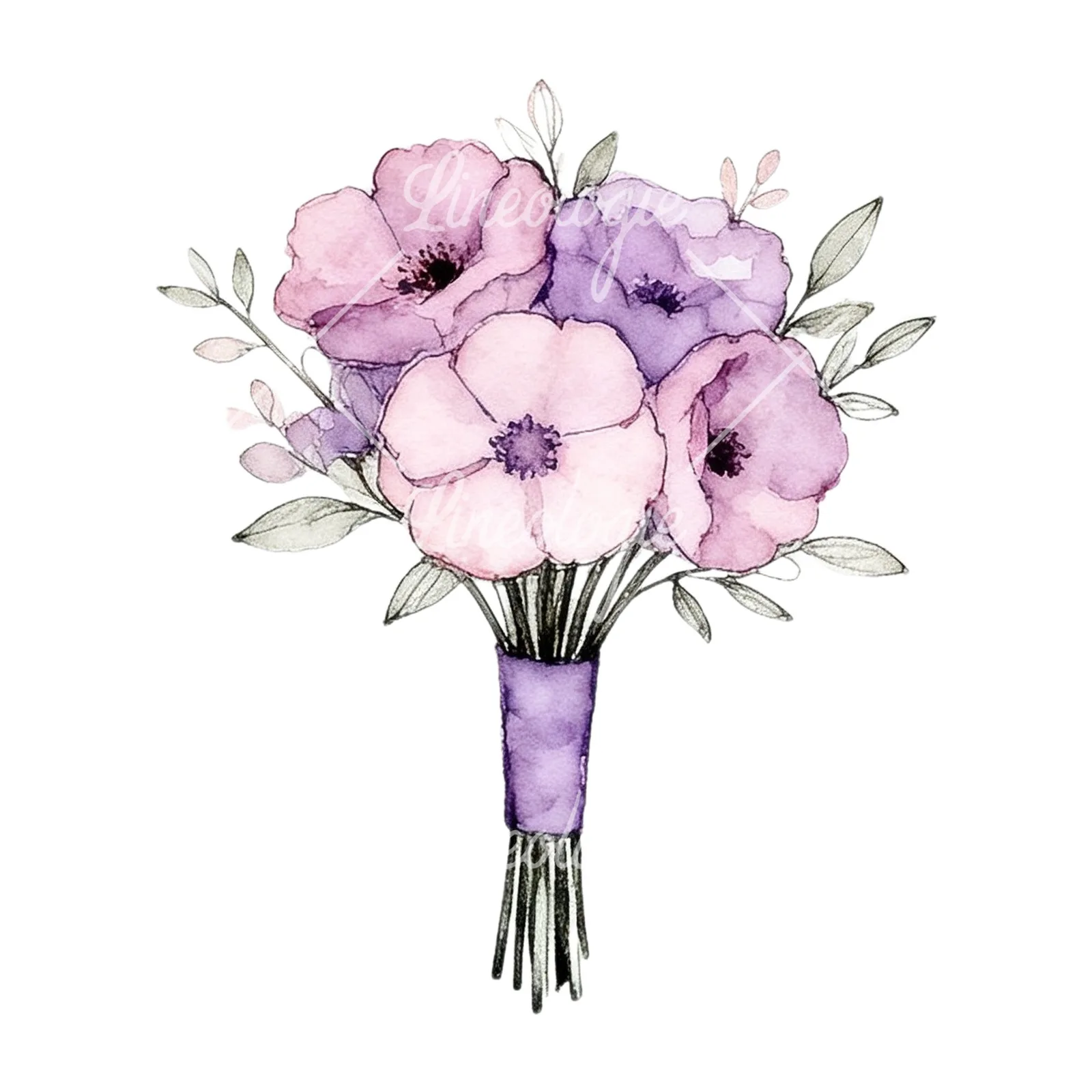 Watercolor purple and pale pink wedding bouquet clipart 2 of 9 on a white background (JPG)