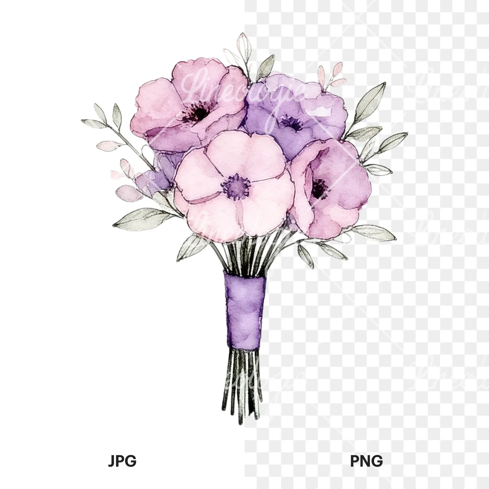 Watercolor purple and pale pink wedding bouquet clipart 2 of 9, as a JPG on white and a transparent PNG
