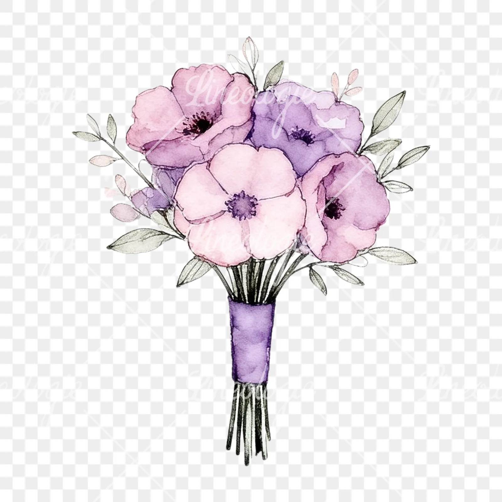 Watercolor purple and pale pink wedding bouquet clipart 2 of 9 on a transparent background (PNG)