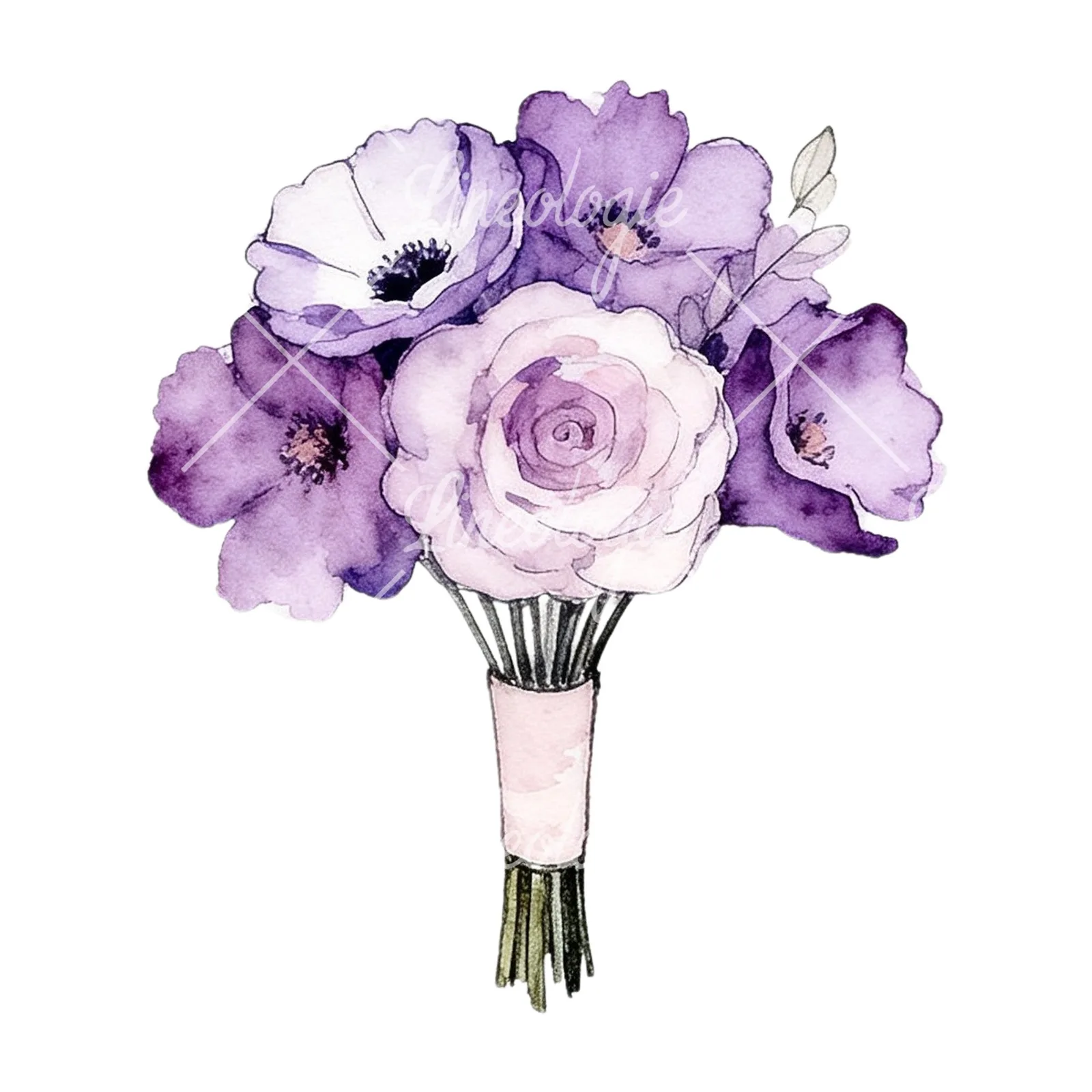 Watercolor purple and pale pink wedding bouquet clipart 3 of 9 on a white background (JPG)