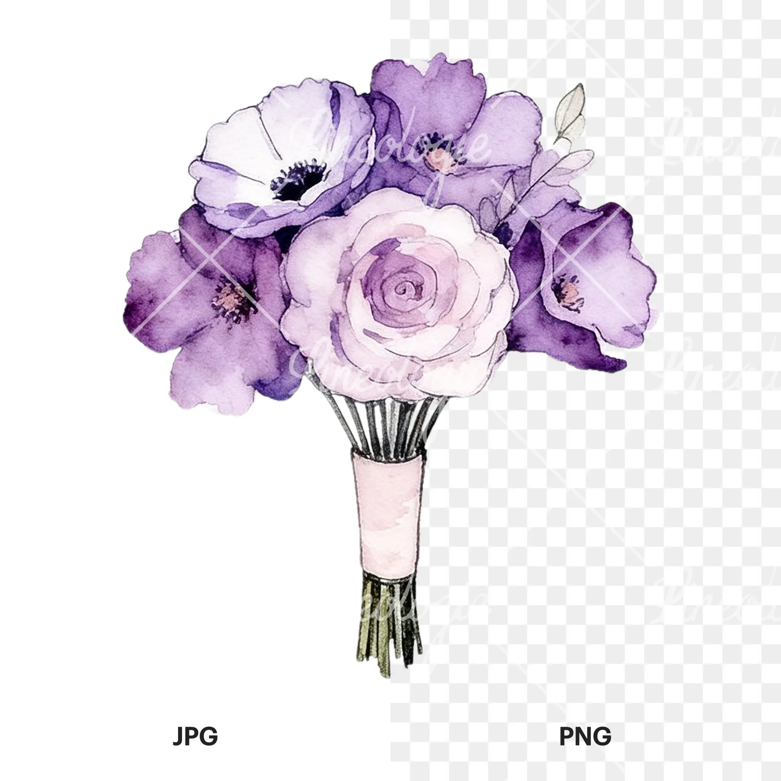 Watercolor purple and pale pink wedding bouquet clipart 3 of 9, as a JPG on white and a transparent PNG