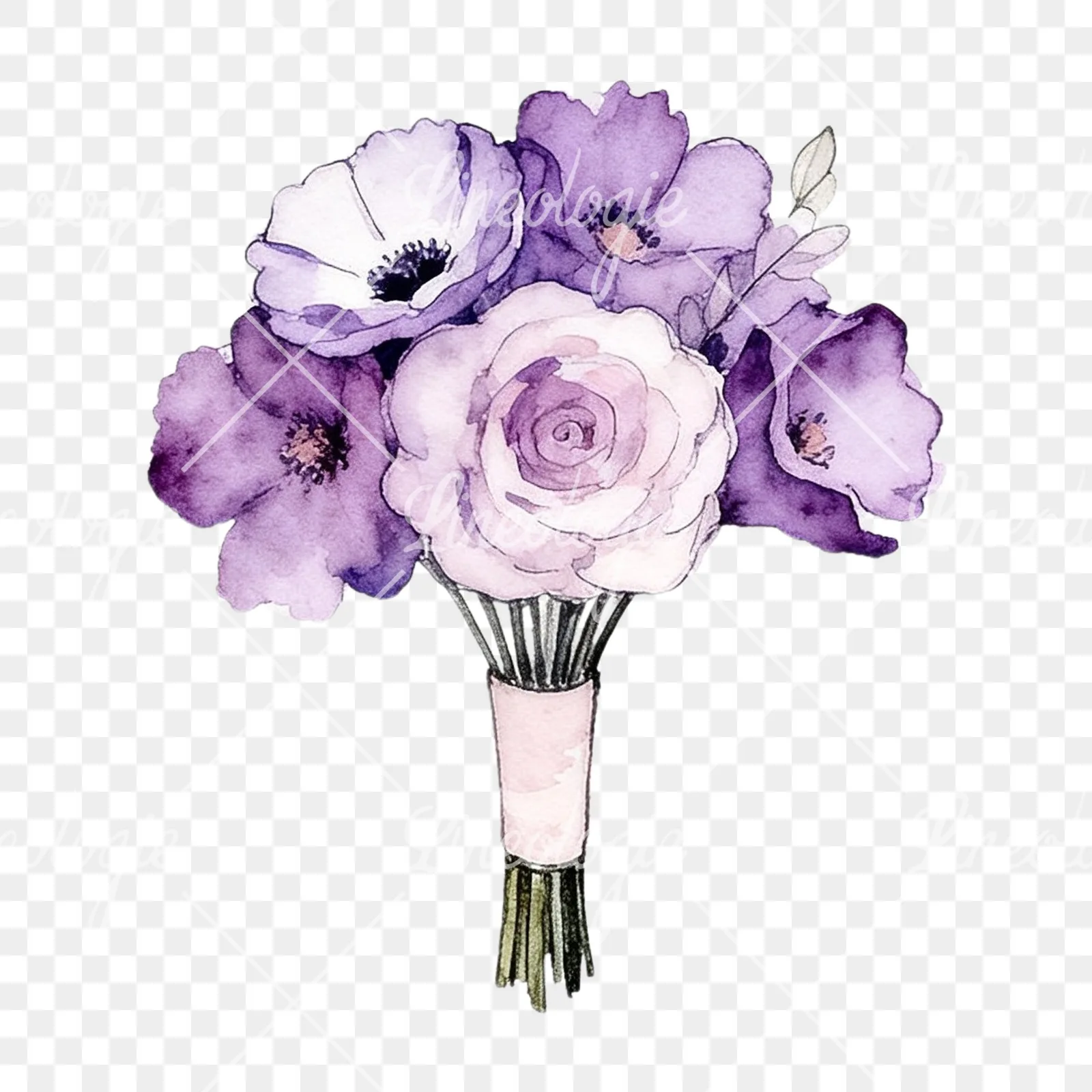 Watercolor purple and pale pink wedding bouquet clipart 3 of 9 on a transparent background (PNG)