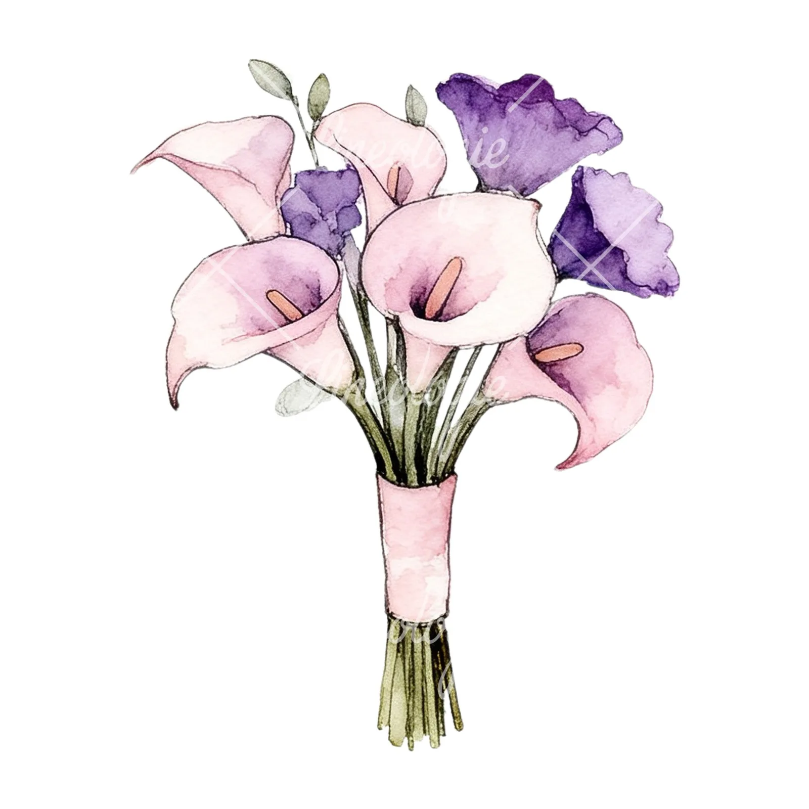 Watercolor purple and pale pink wedding bouquet clipart 4 of 9 on a white background (JPG)
