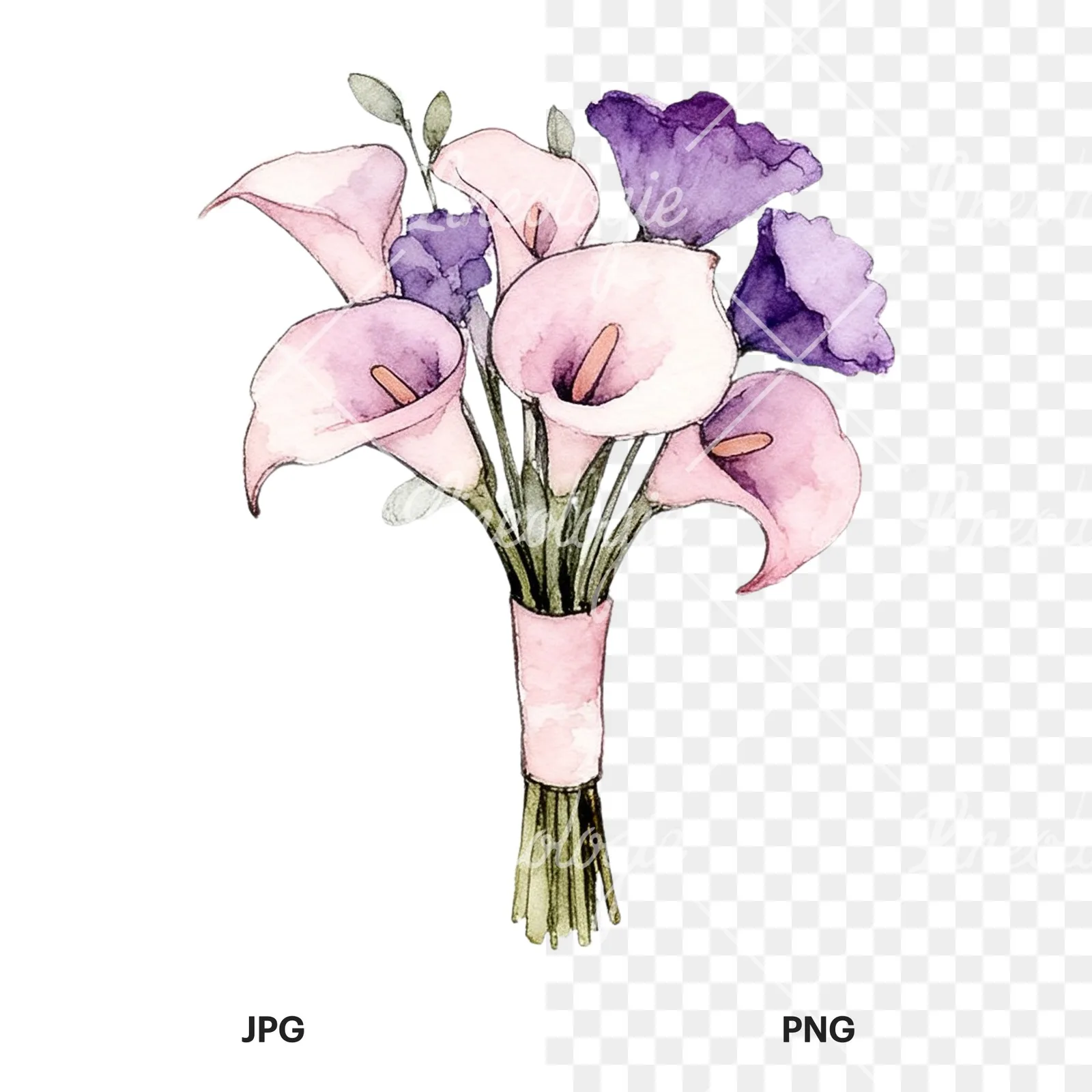 Watercolor purple and pale pink wedding bouquet clipart 4 of 9, as a JPG on white and a transparent PNG