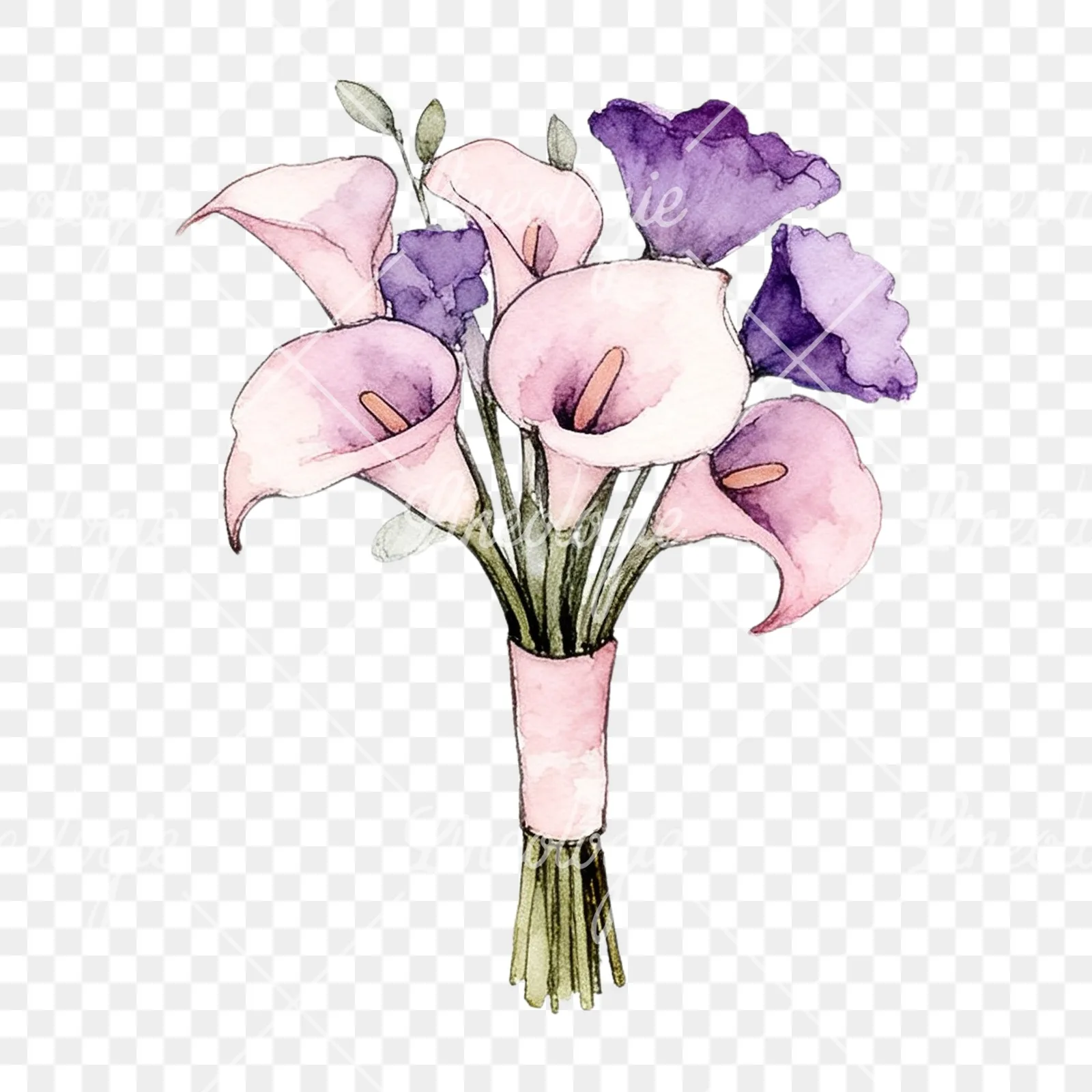 Watercolor purple and pale pink wedding bouquet clipart 4 of 9 on a transparent background (PNG)